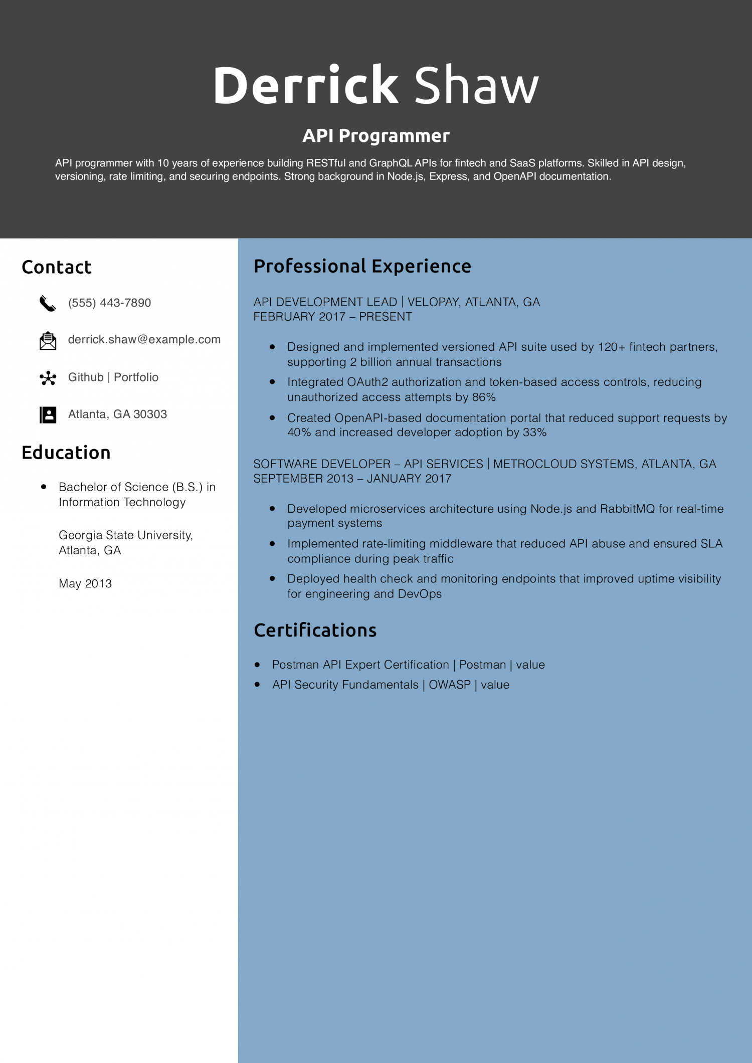 API Programmer Resume Example