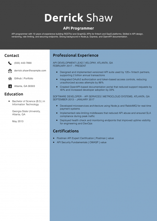 API Programmer Resume Example