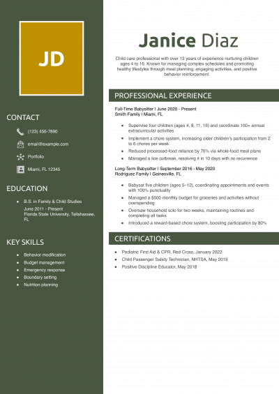 Long-Time Child Care Professional Resume Example