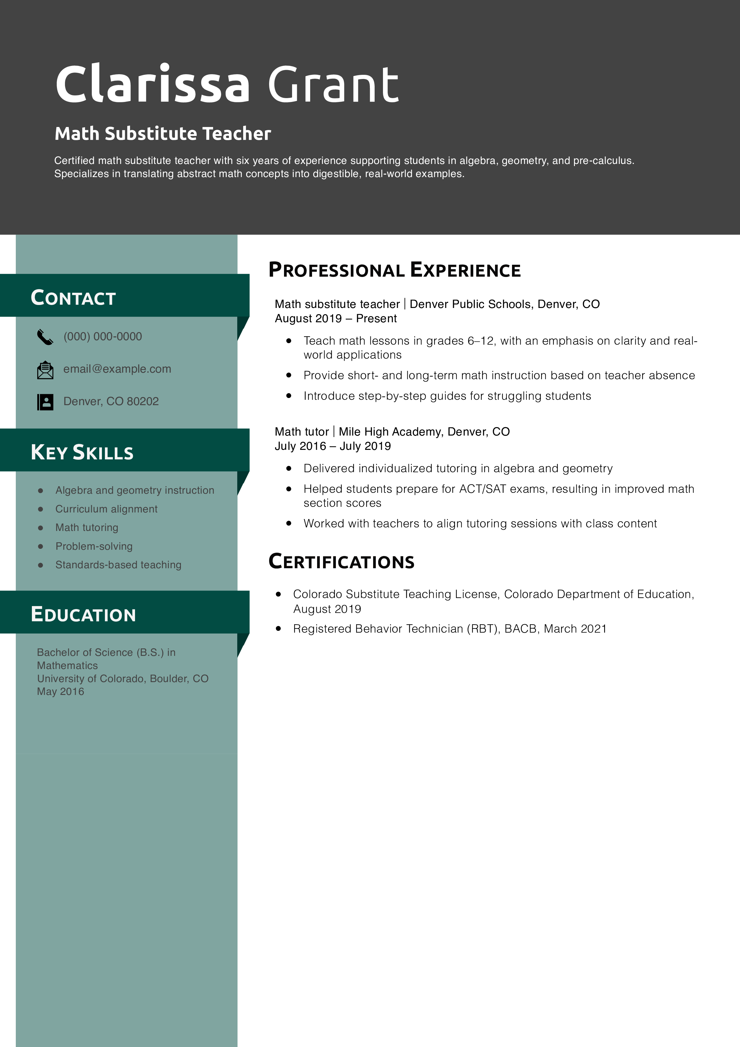 Math Substitute Teacher Resume Example