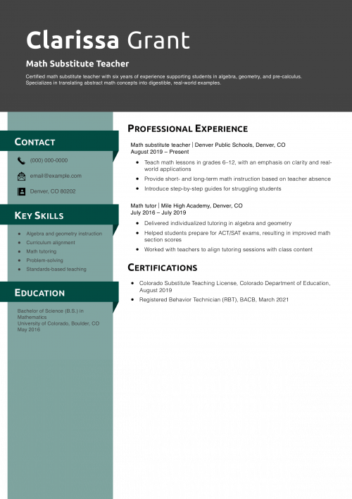 Math Substitute Teacher Resume Example