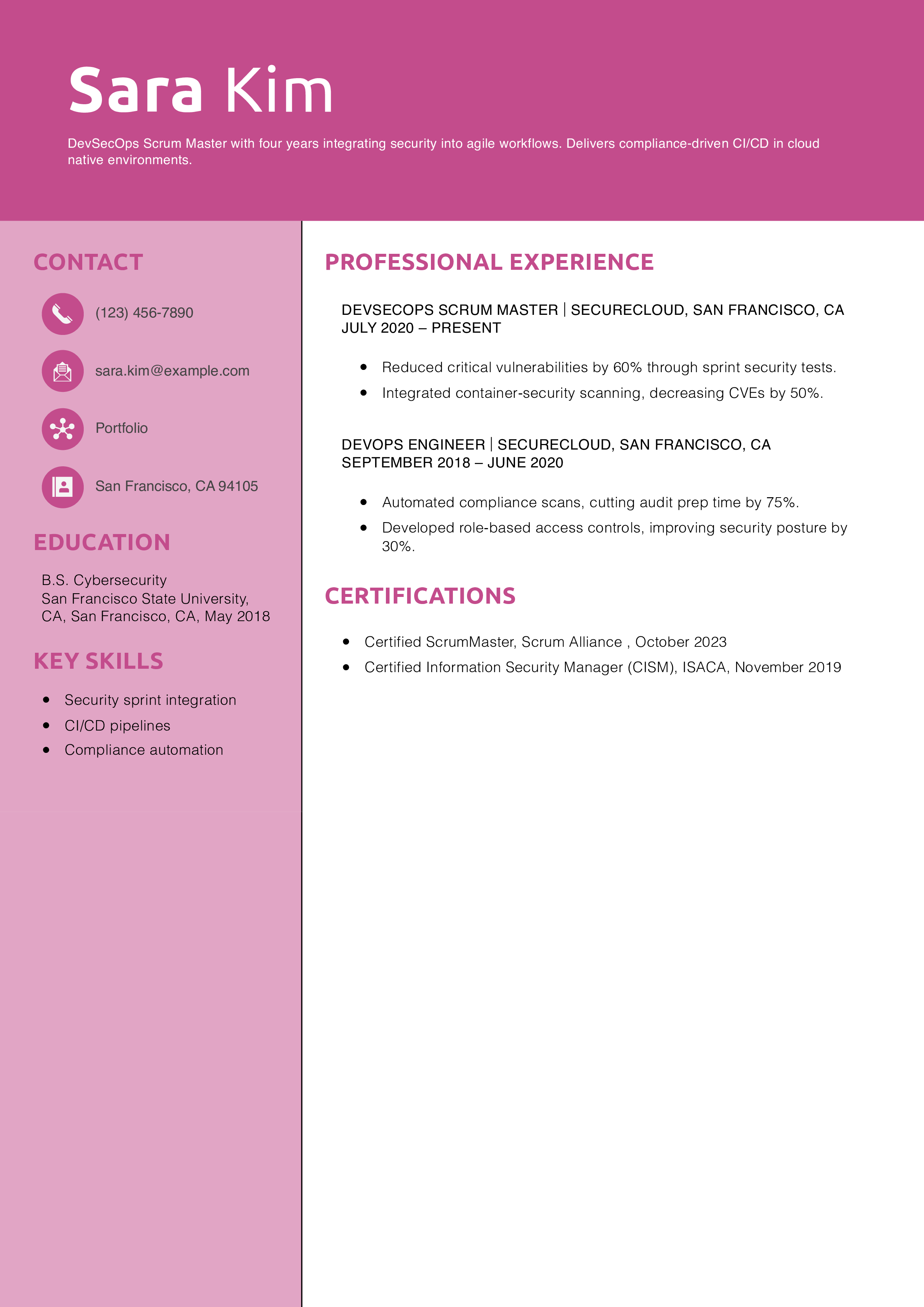DevSecOps Scrum Master Resume Example