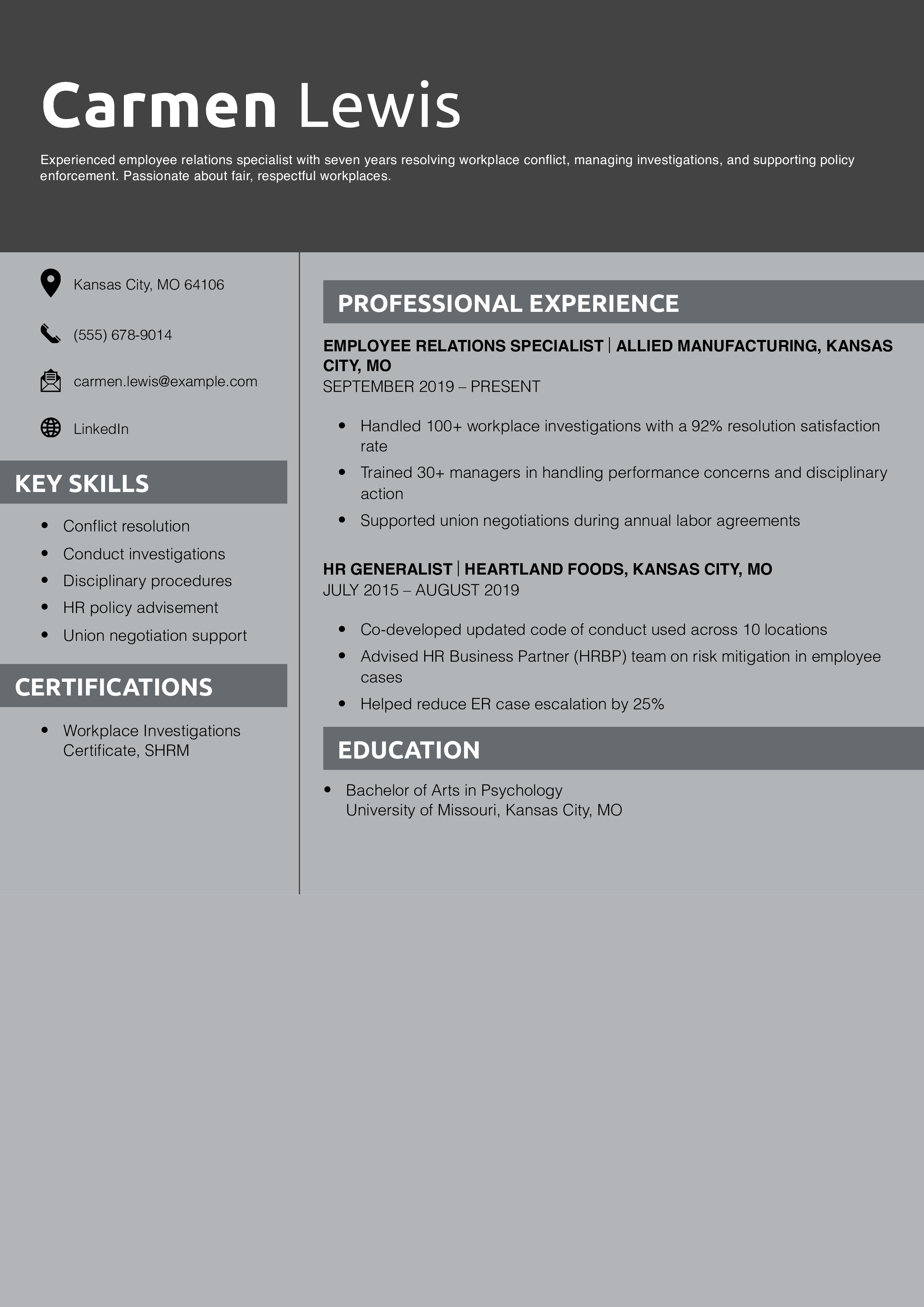 Employee Relations Specialist Resume Example