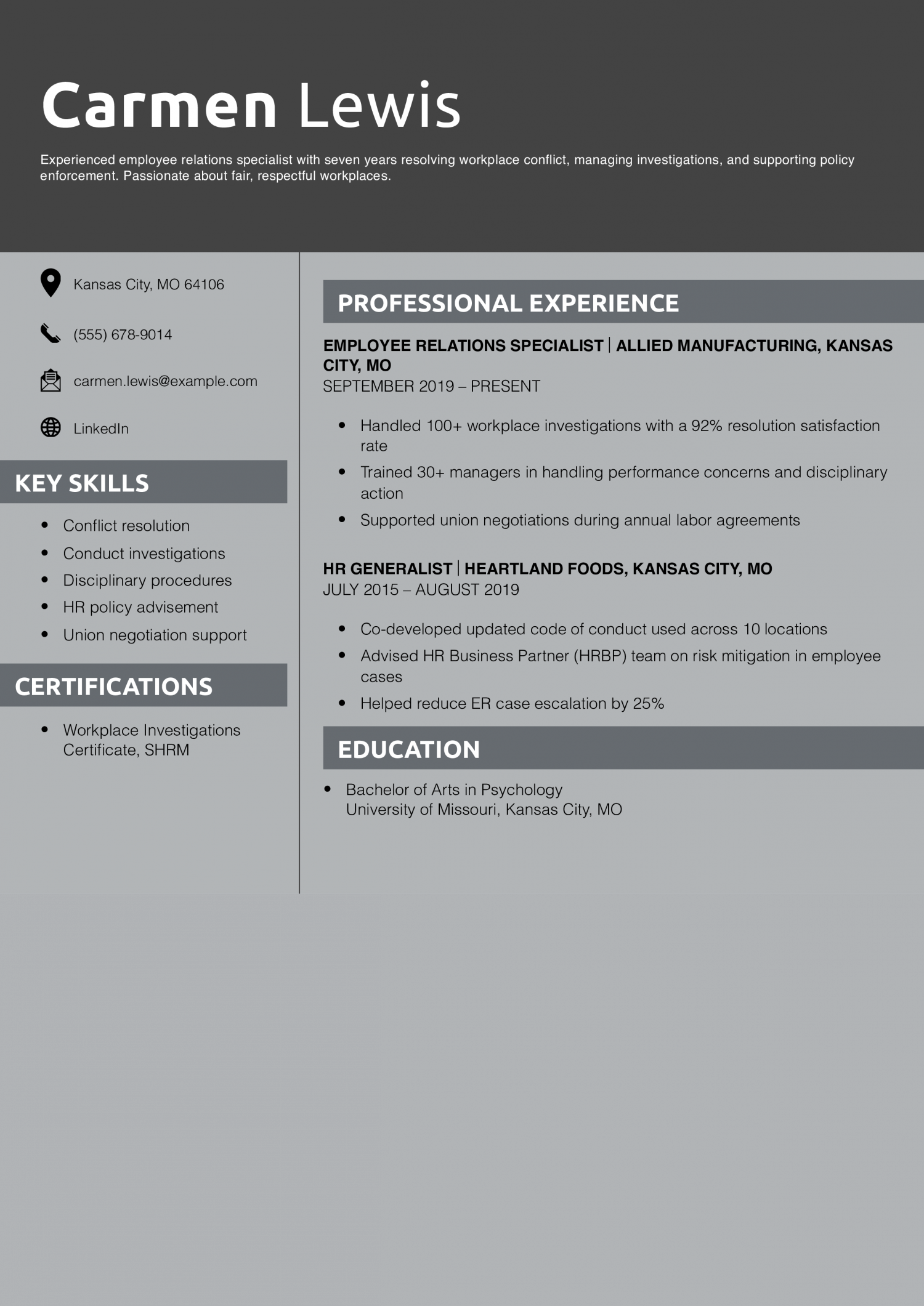 Employee Relations Specialist Resume Example