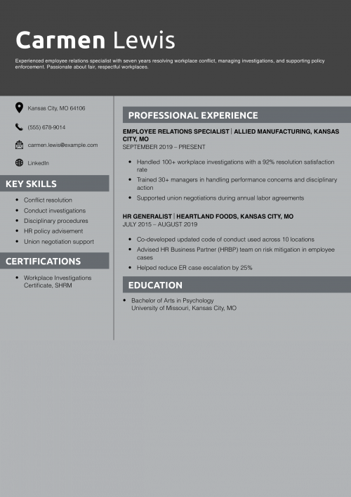 Employee Relations Specialist Resume Example