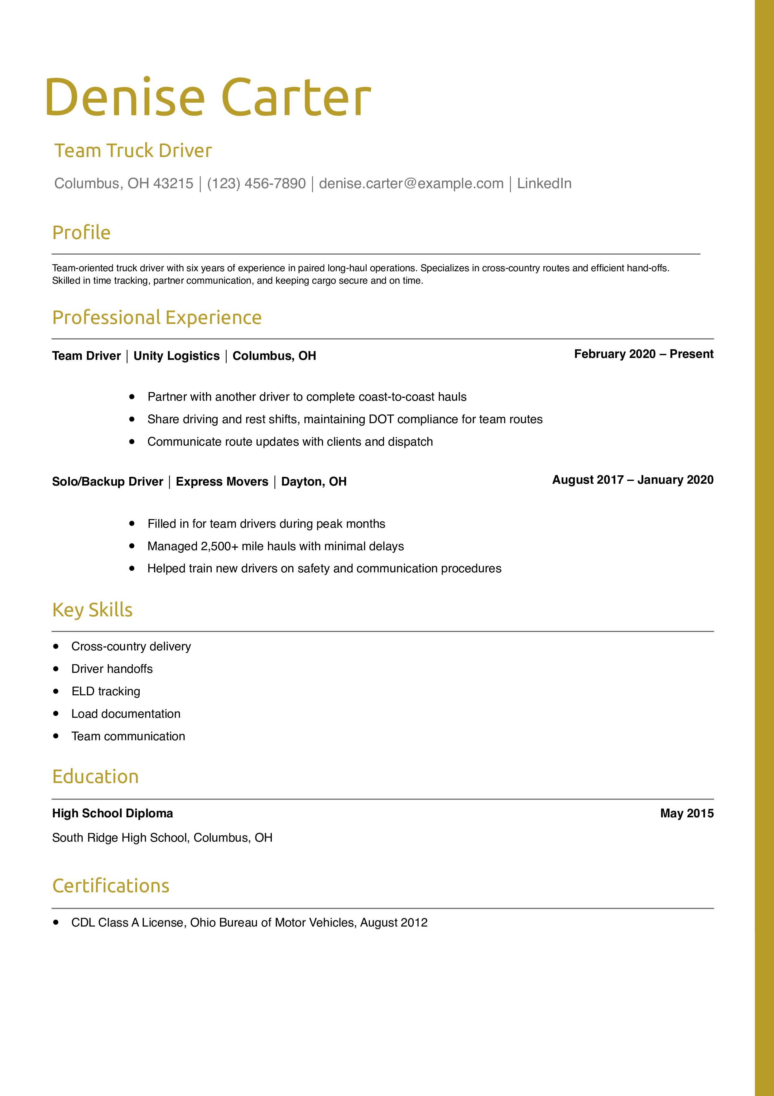 Team Truck Driver Resume