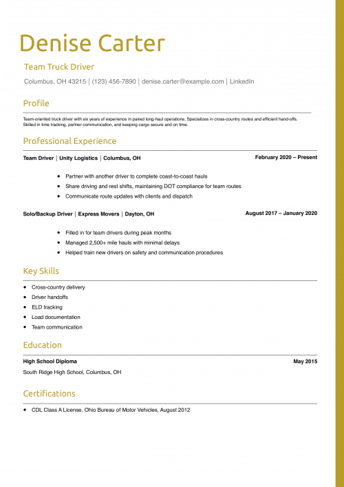 Team Truck Driver Resume