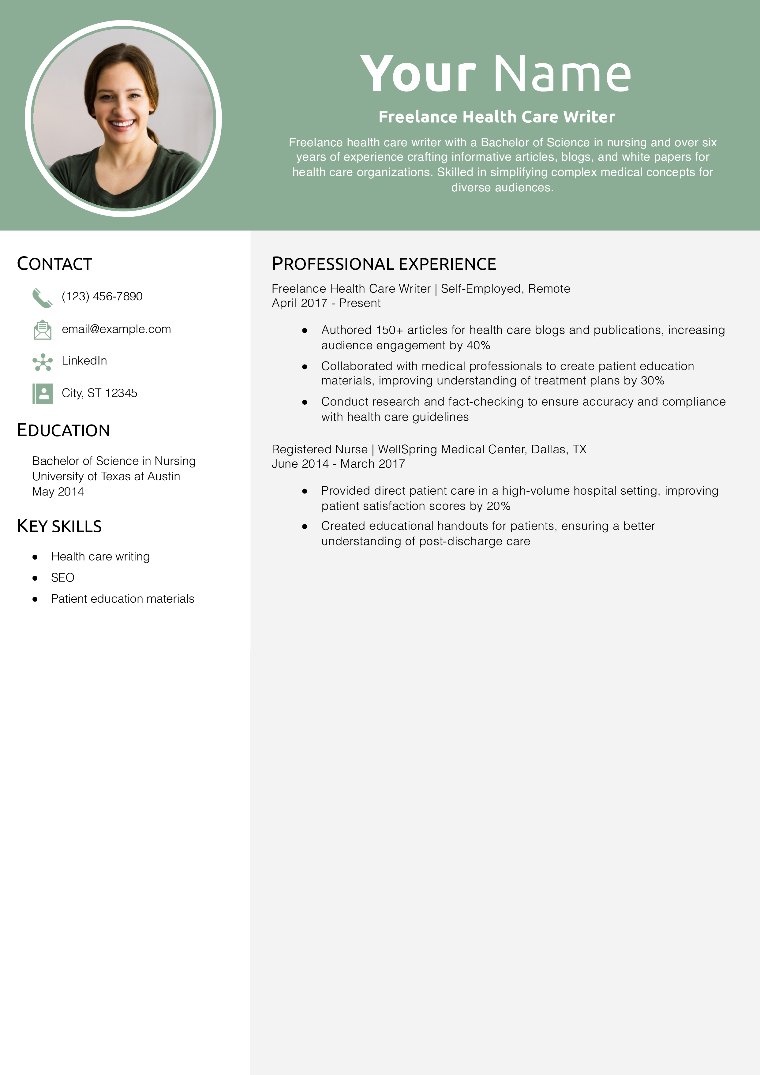 Freelance Health Care Writer Resume Example