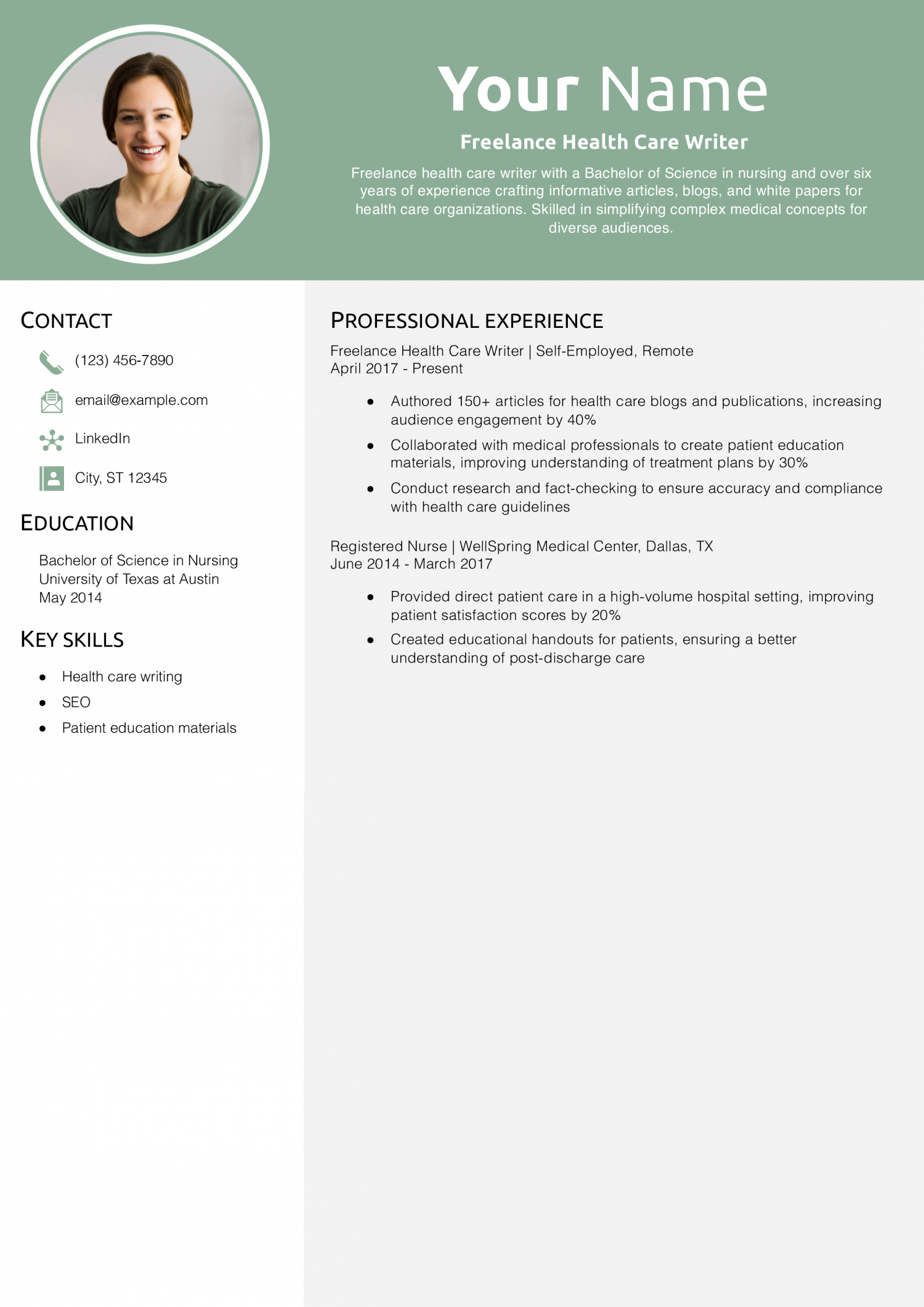 Freelance Health Care Writer Resume Example