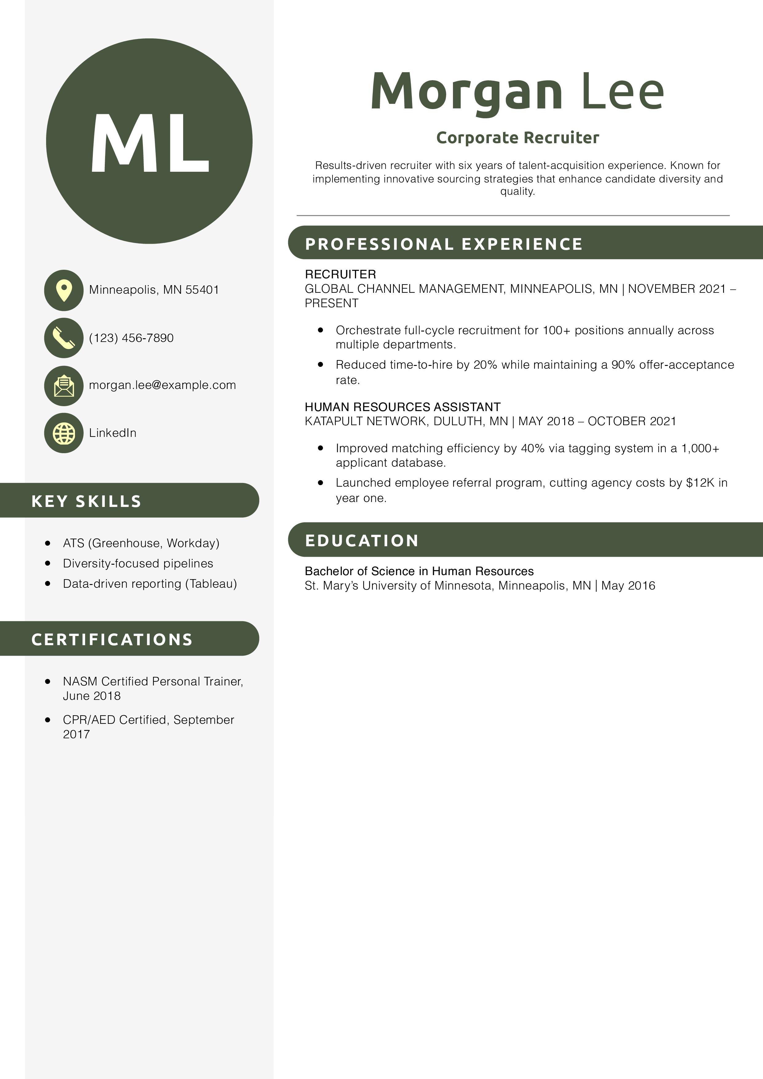 Corporate Recruiter Resume Example
