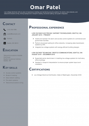 Low-Voltage Electrician Resume Example