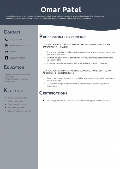 Low-Voltage Electrician Resume Example