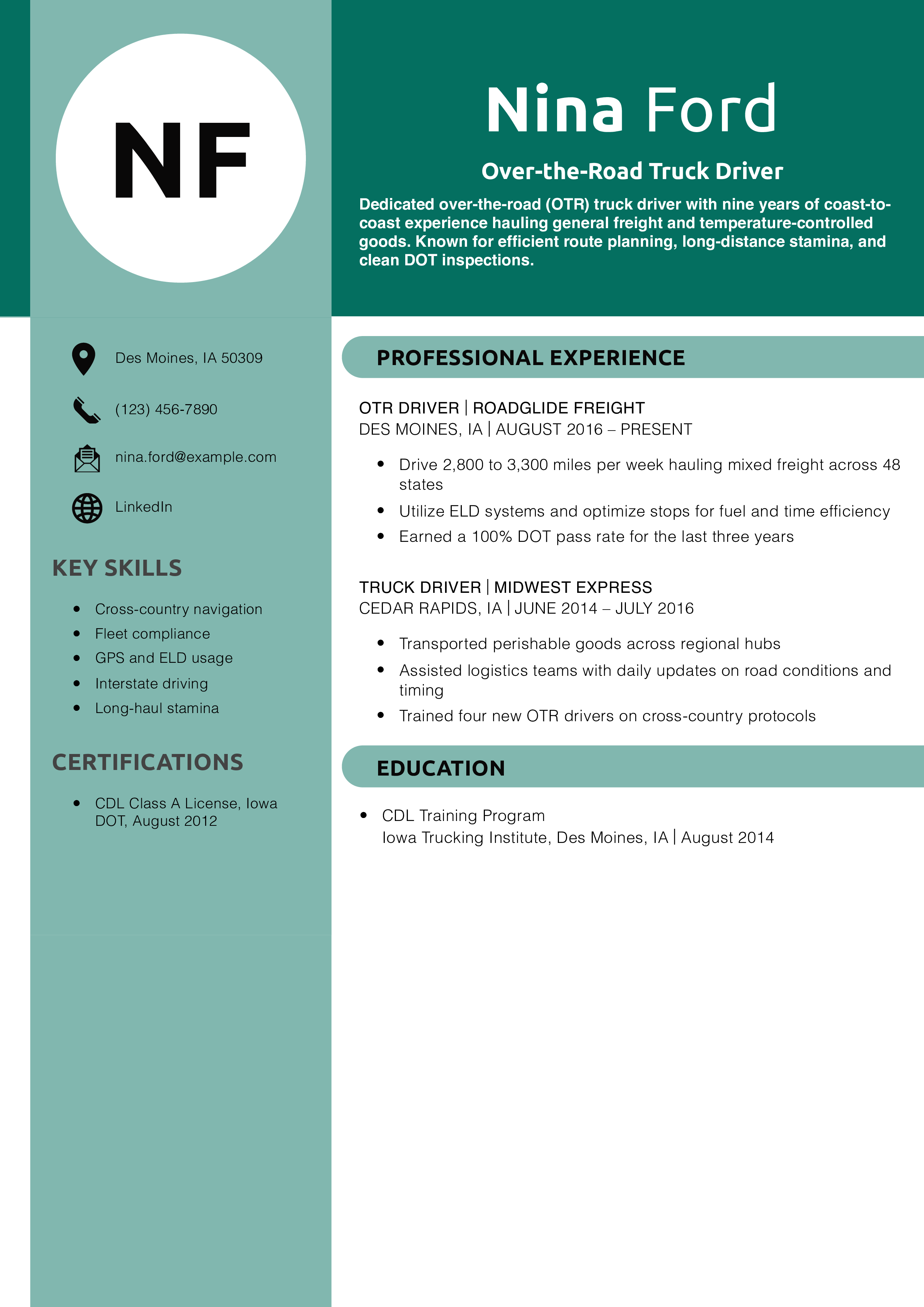 Over-the-Road Truck Driver Resume