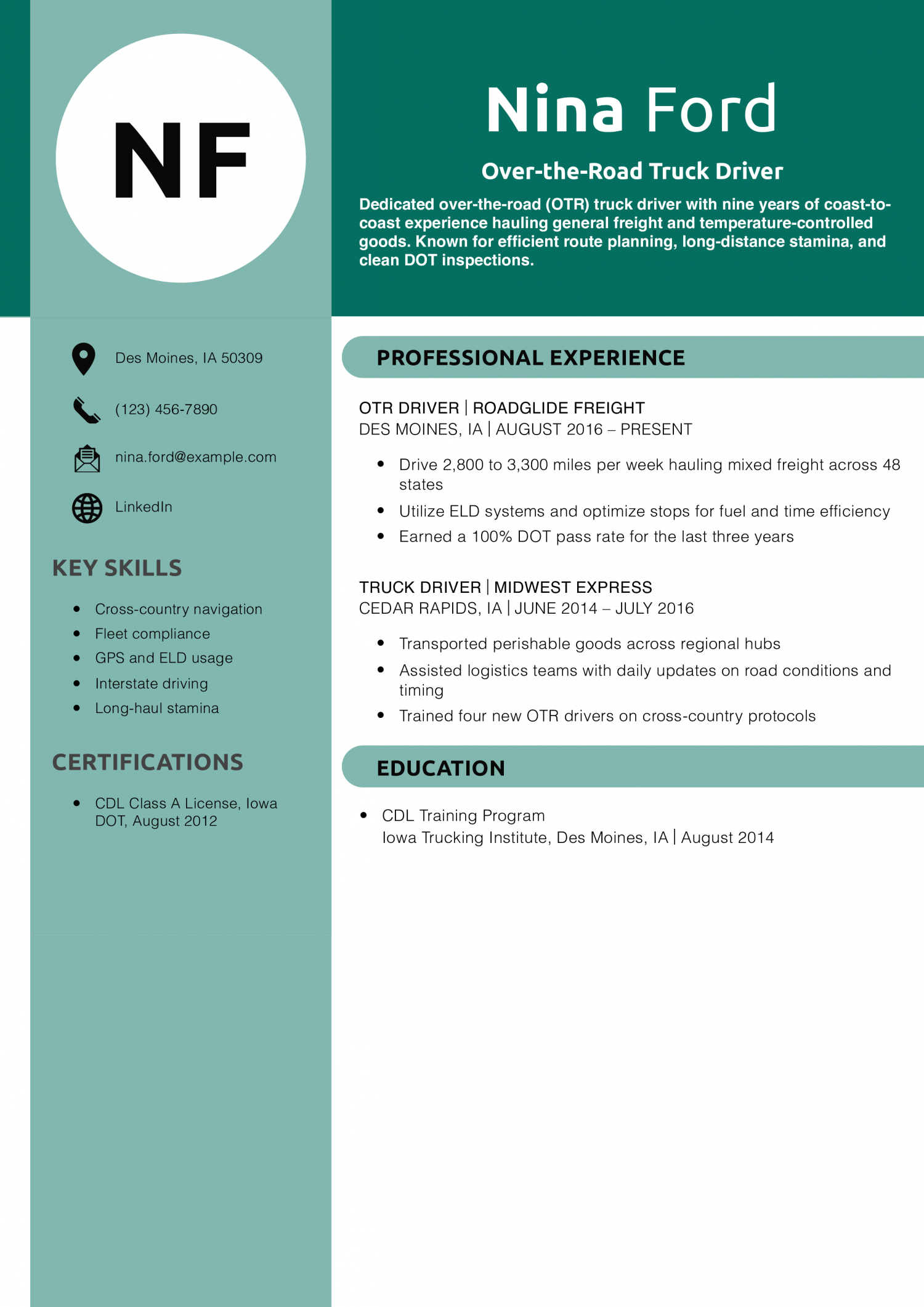 Over-the-Road Truck Driver Resume