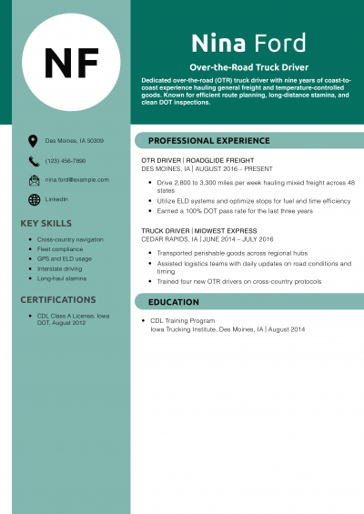 Over-the-Road Truck Driver Resume