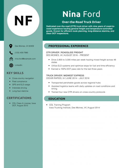 Over-the-Road Truck Driver Resume