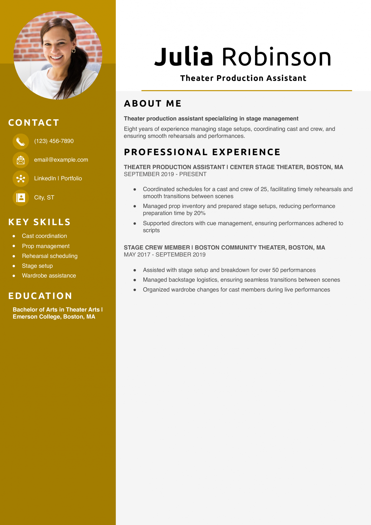 Theater Production Assistant Resume