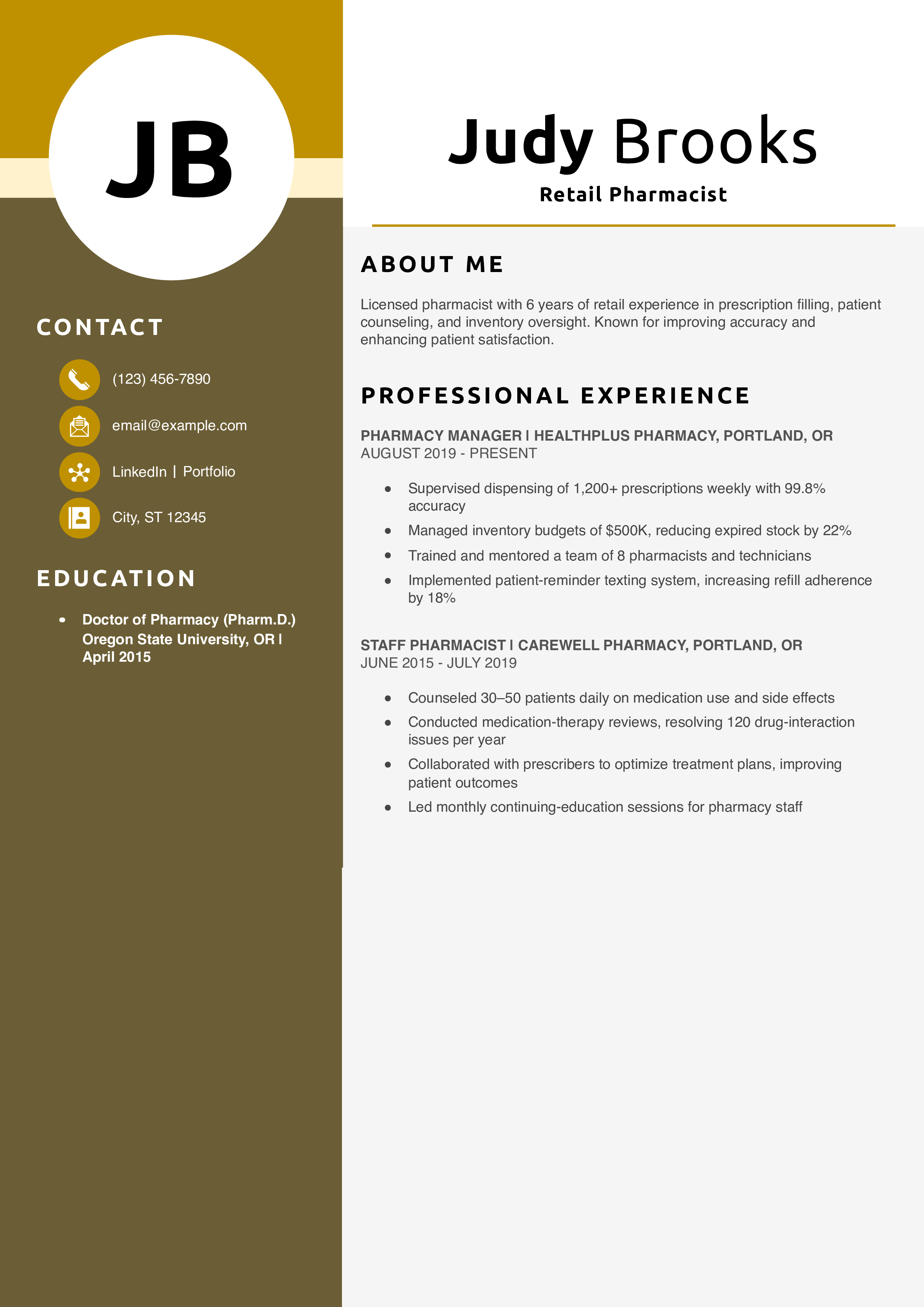 Retail Pharmacist Resume Example
