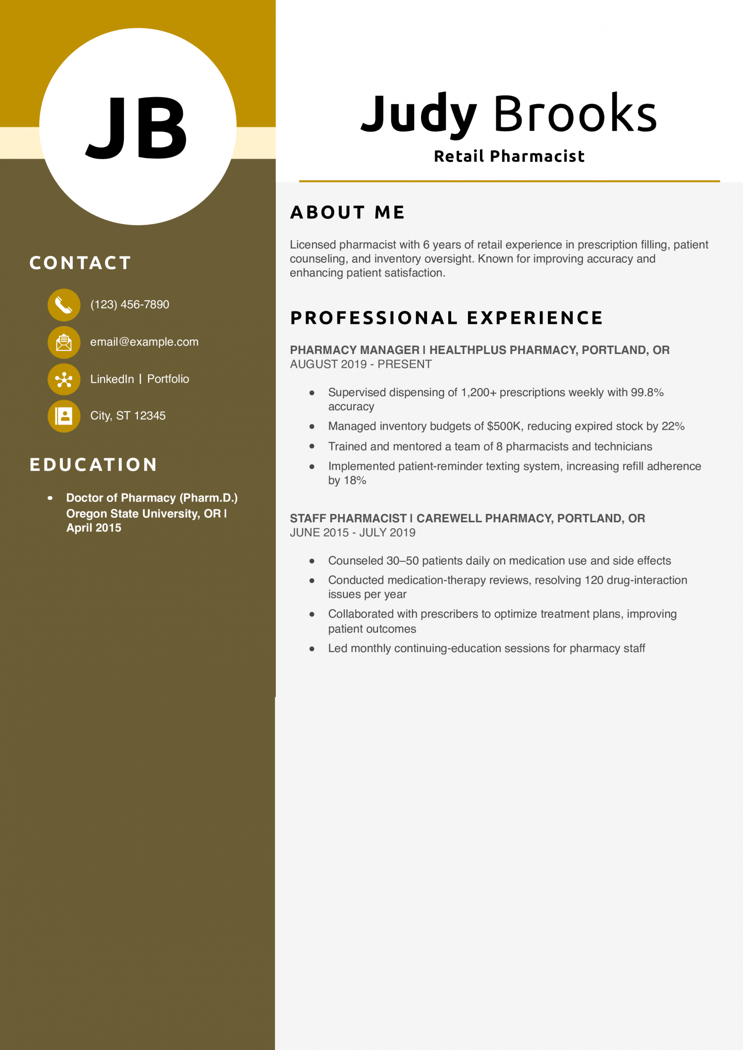Retail Pharmacist Resume Example
