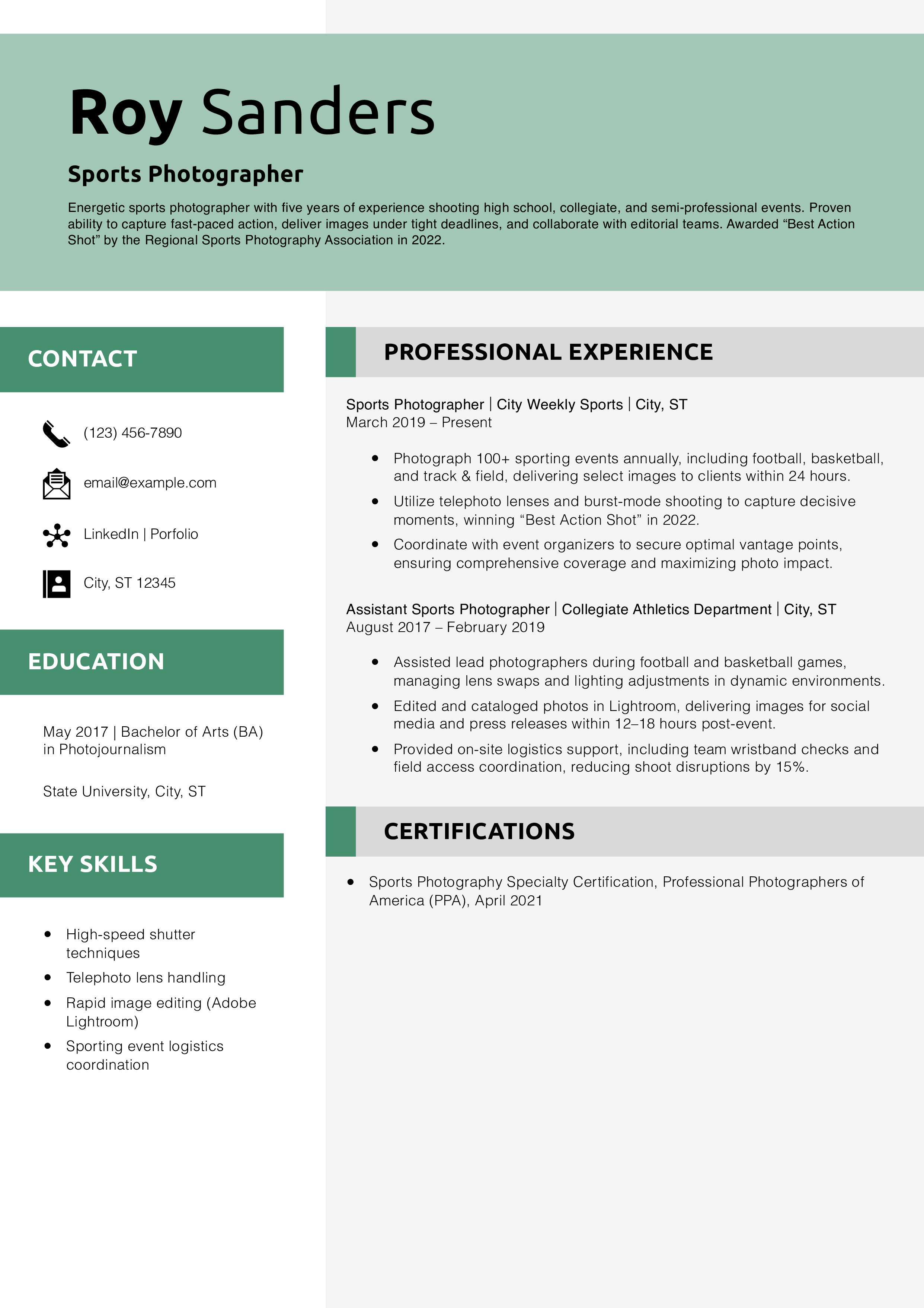 Sports Photographer Resume Example