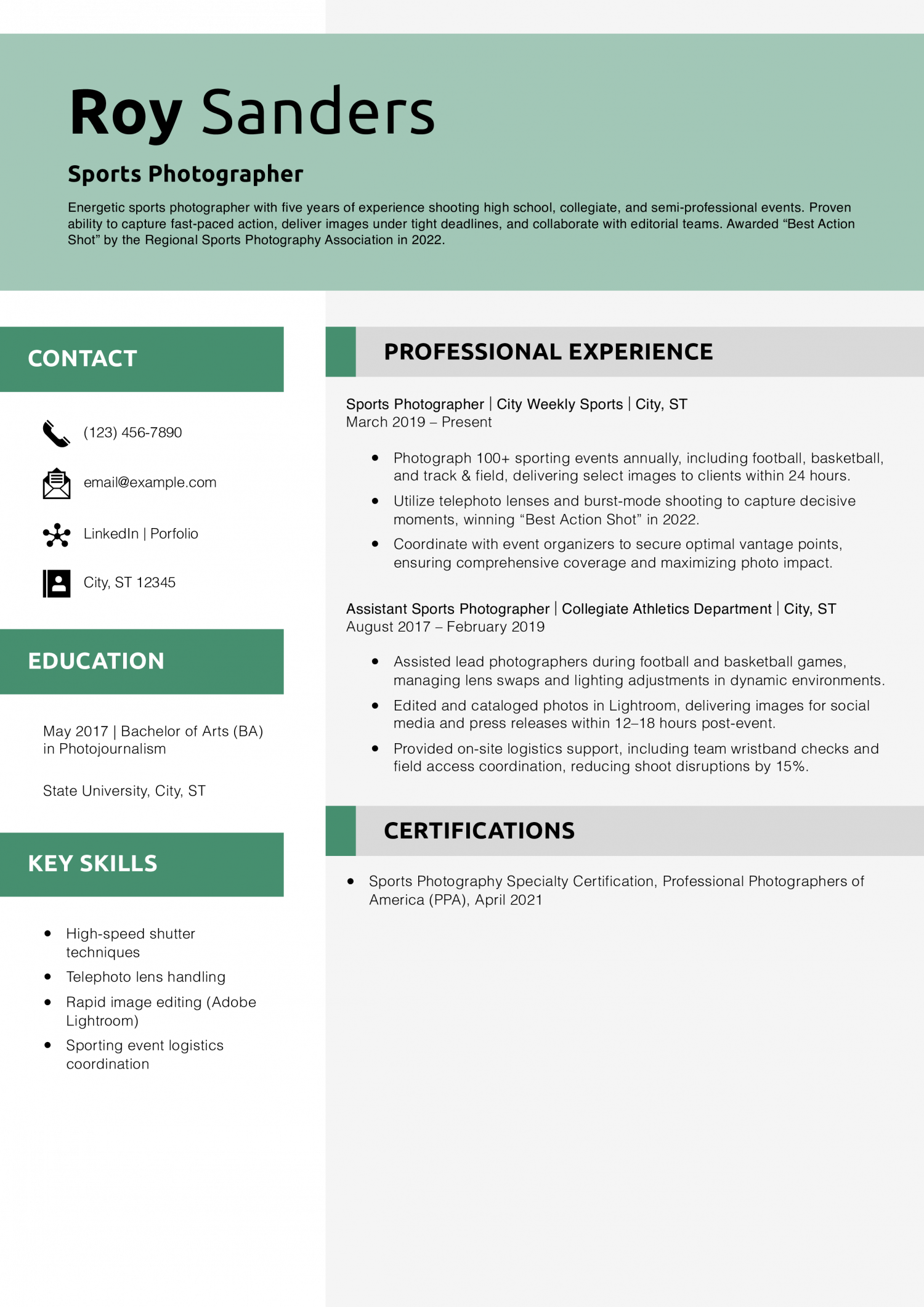 Sports Photographer Resume Example