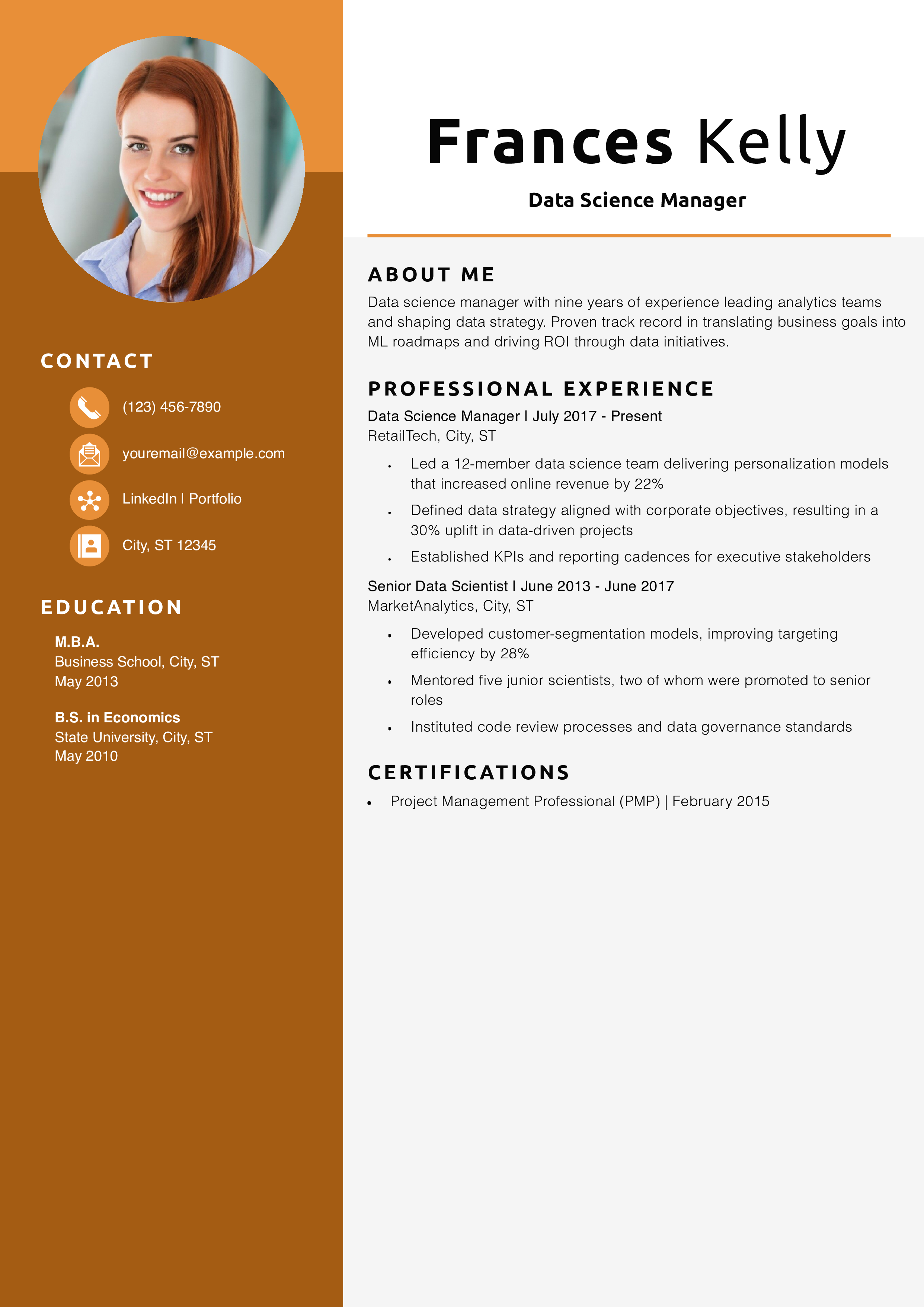 Data Science Manager Resume Example
