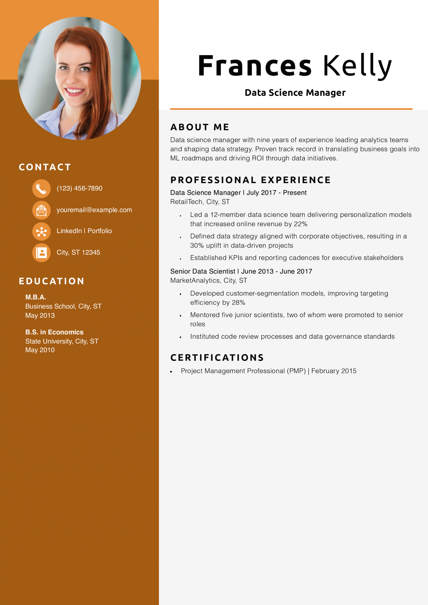 Data Science Manager Resume Example