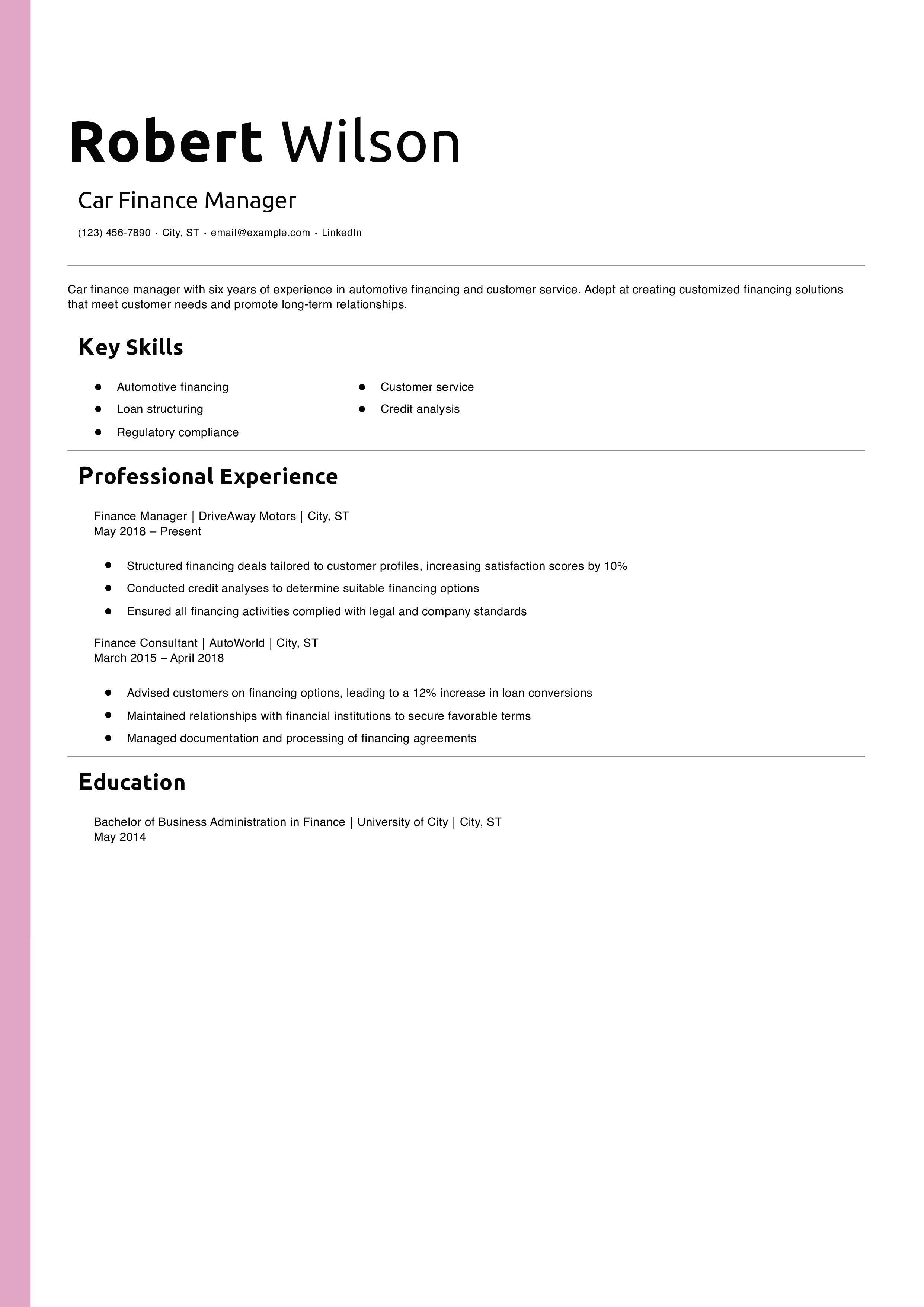 Car Finance Manager Resume Example