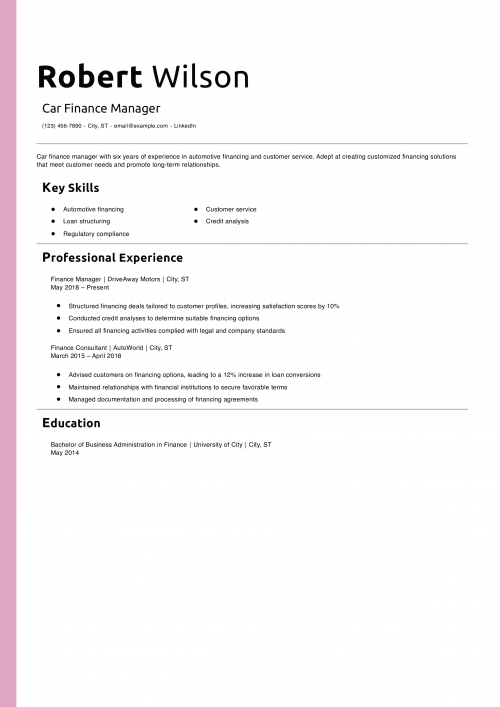 Car Finance Manager Resume Example