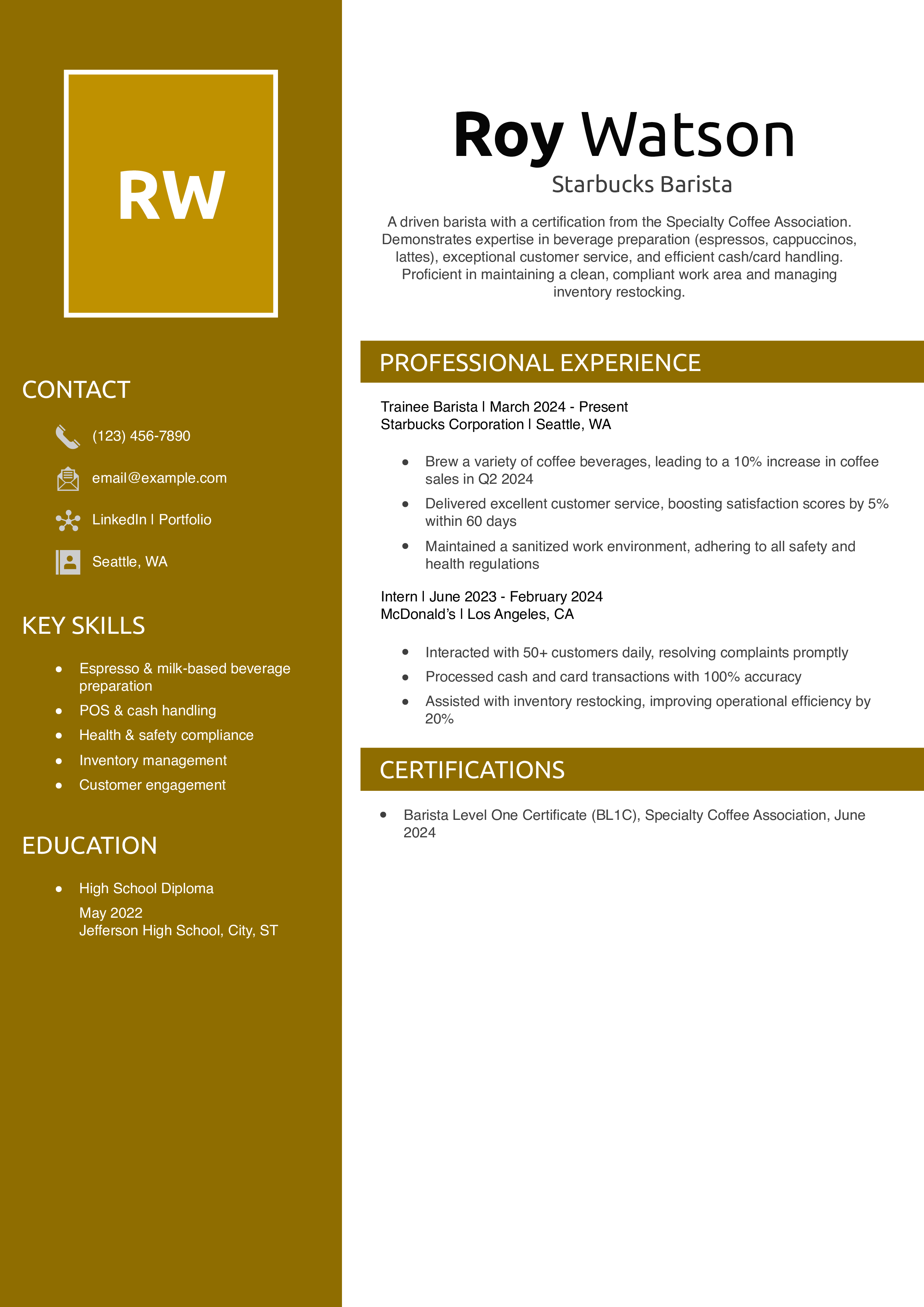 Starbucks Barista Resume Example