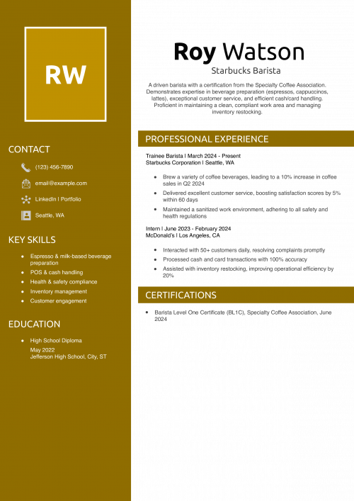 Starbucks Barista Resume Example