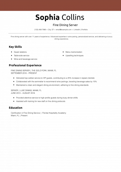 Fine Dining Server Resume