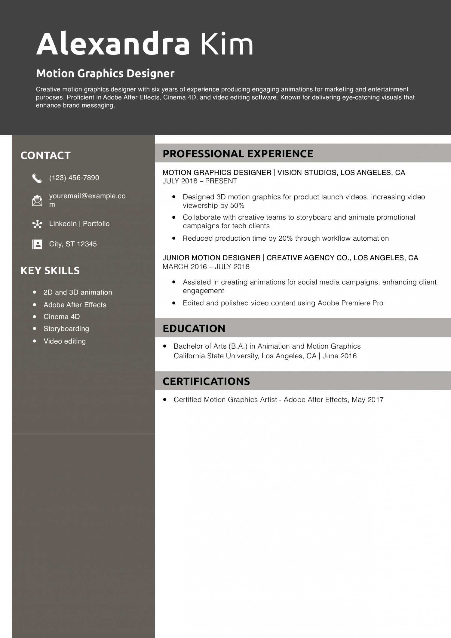 Motion Graphics Designer Resume Example