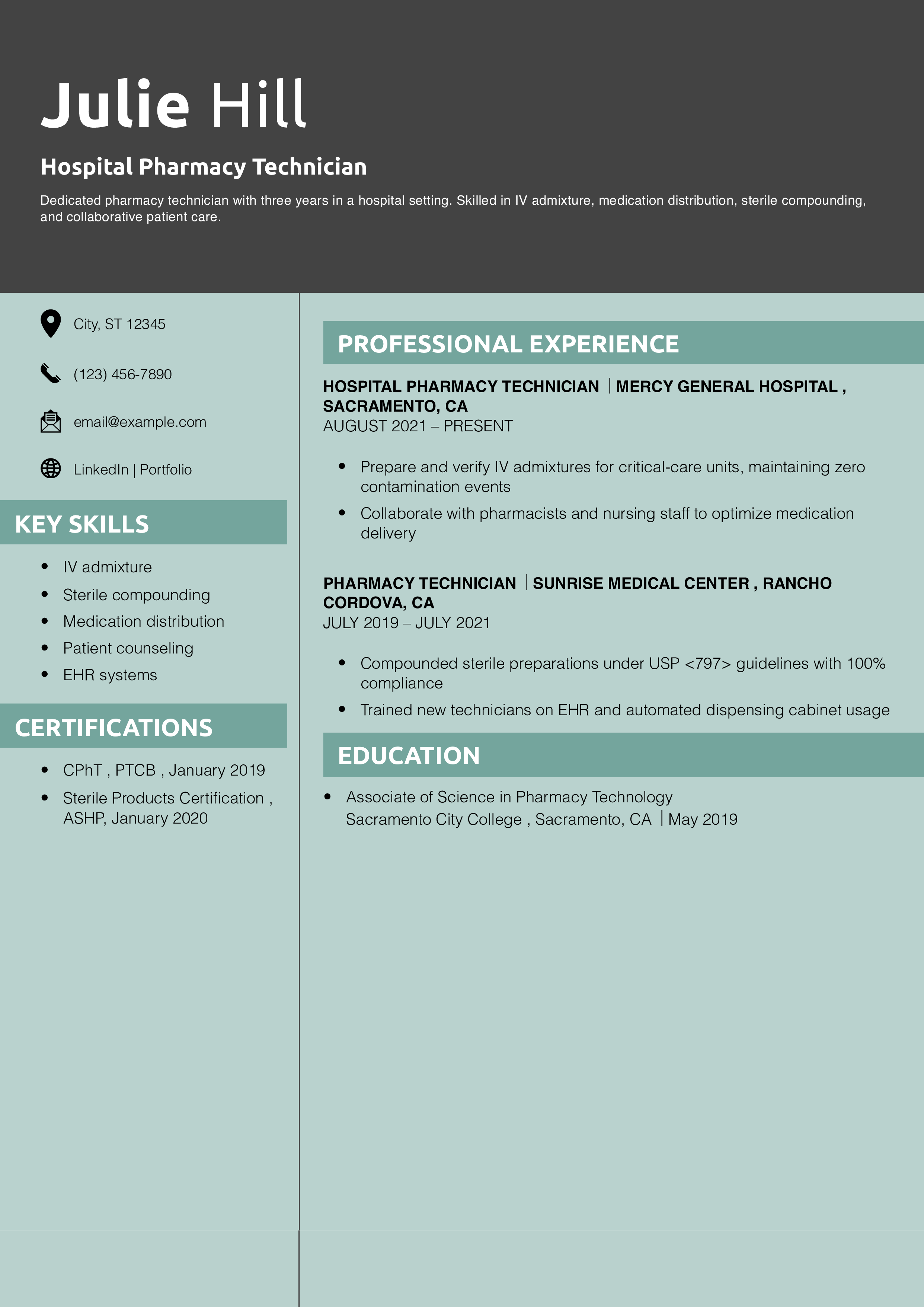 Hospital Pharmacy Technician Resume Example