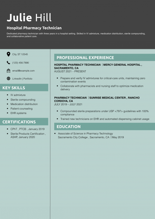 Hospital Pharmacy Technician Resume Example