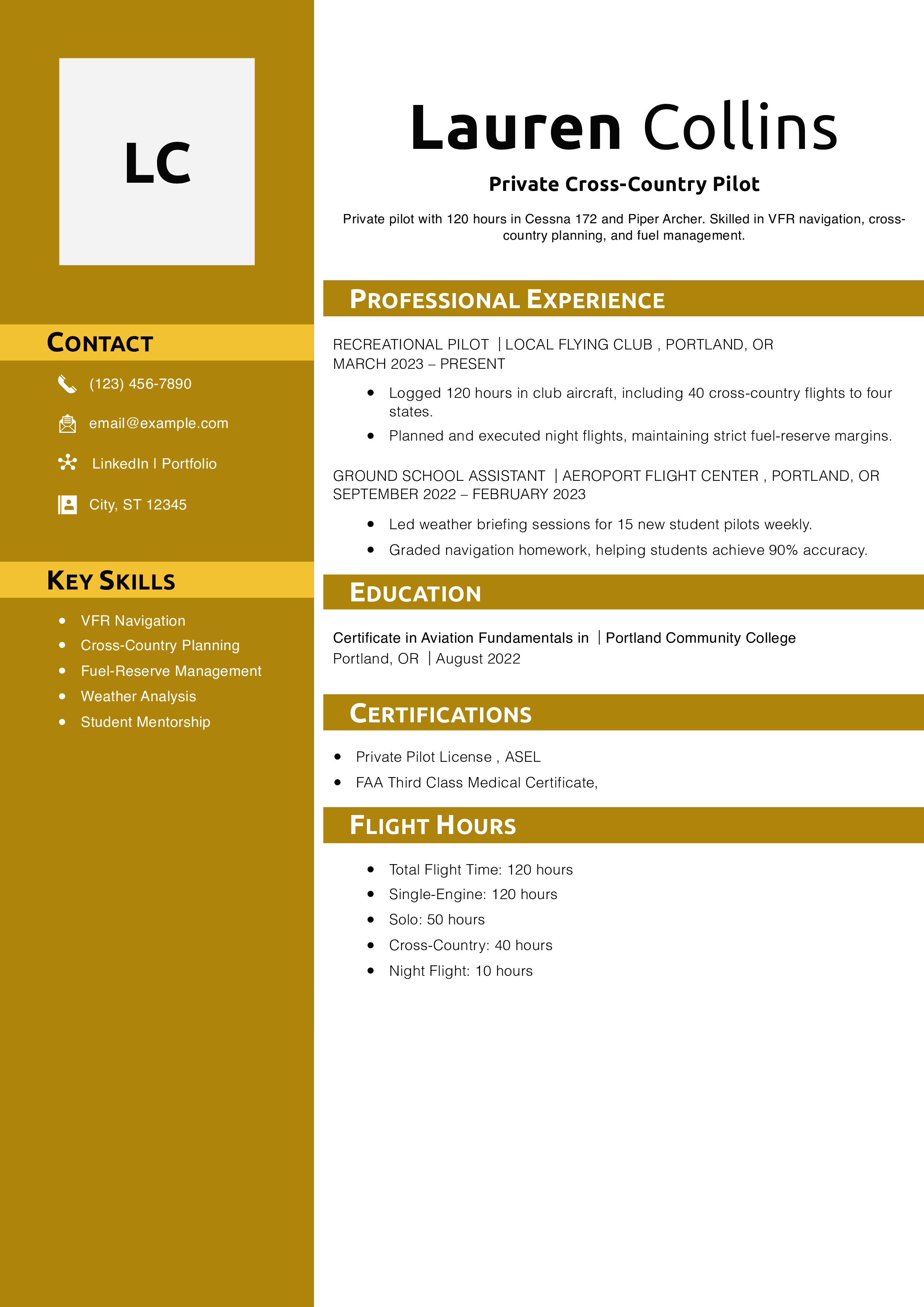 Private Cross-Country Pilot Resume Example