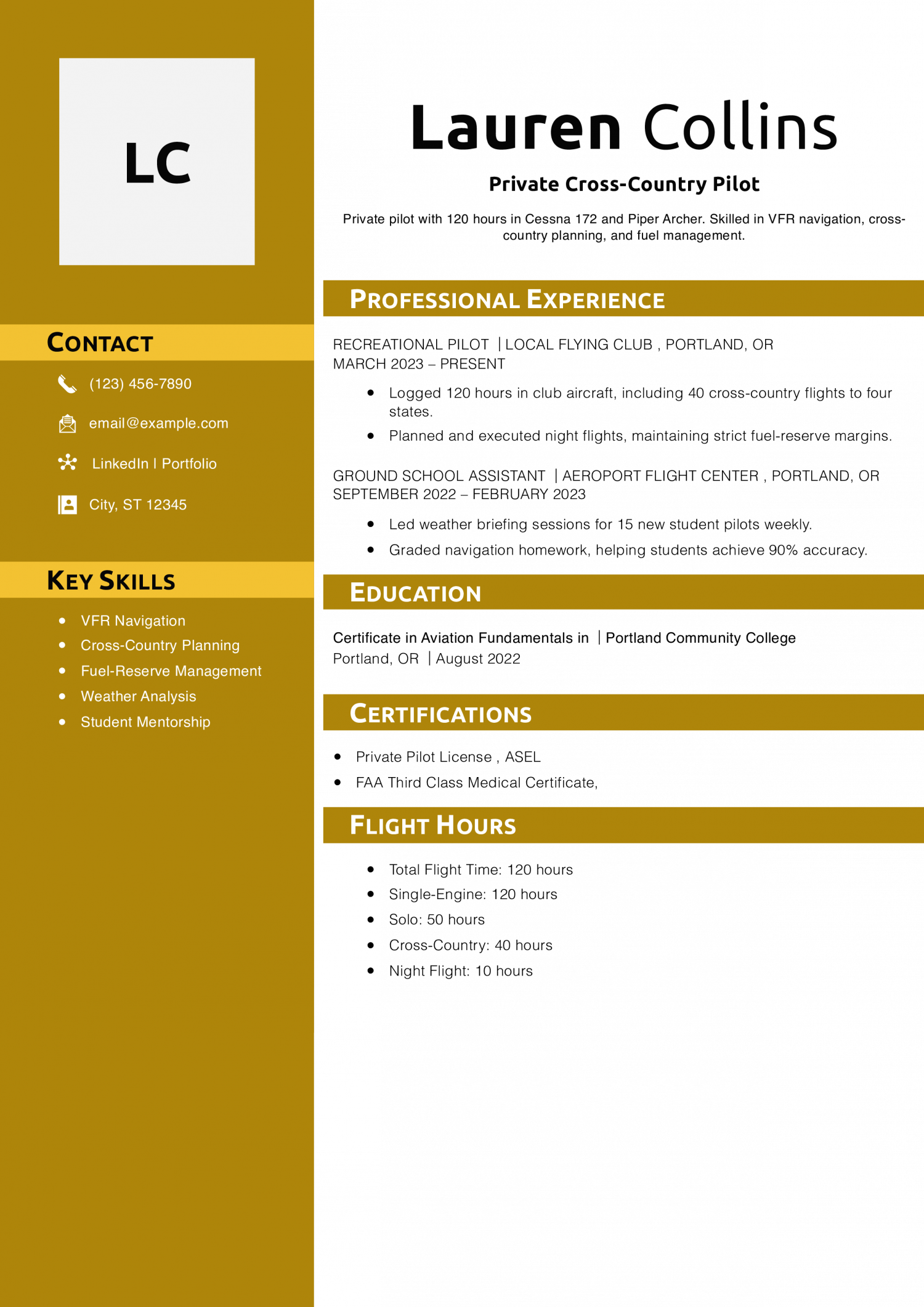 Private Cross-Country Pilot Resume Example
