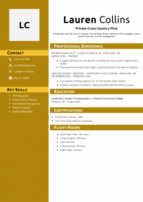 Private Cross-Country Pilot Resume Example