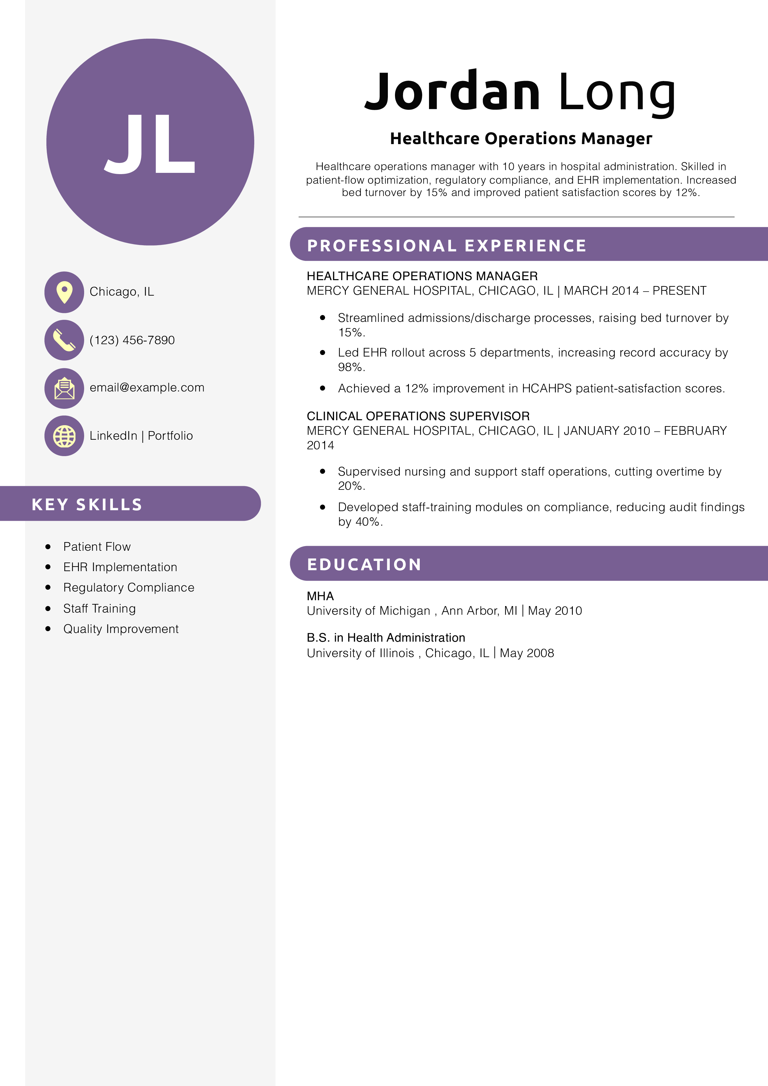 Healthcare Operations Manager Resume Example