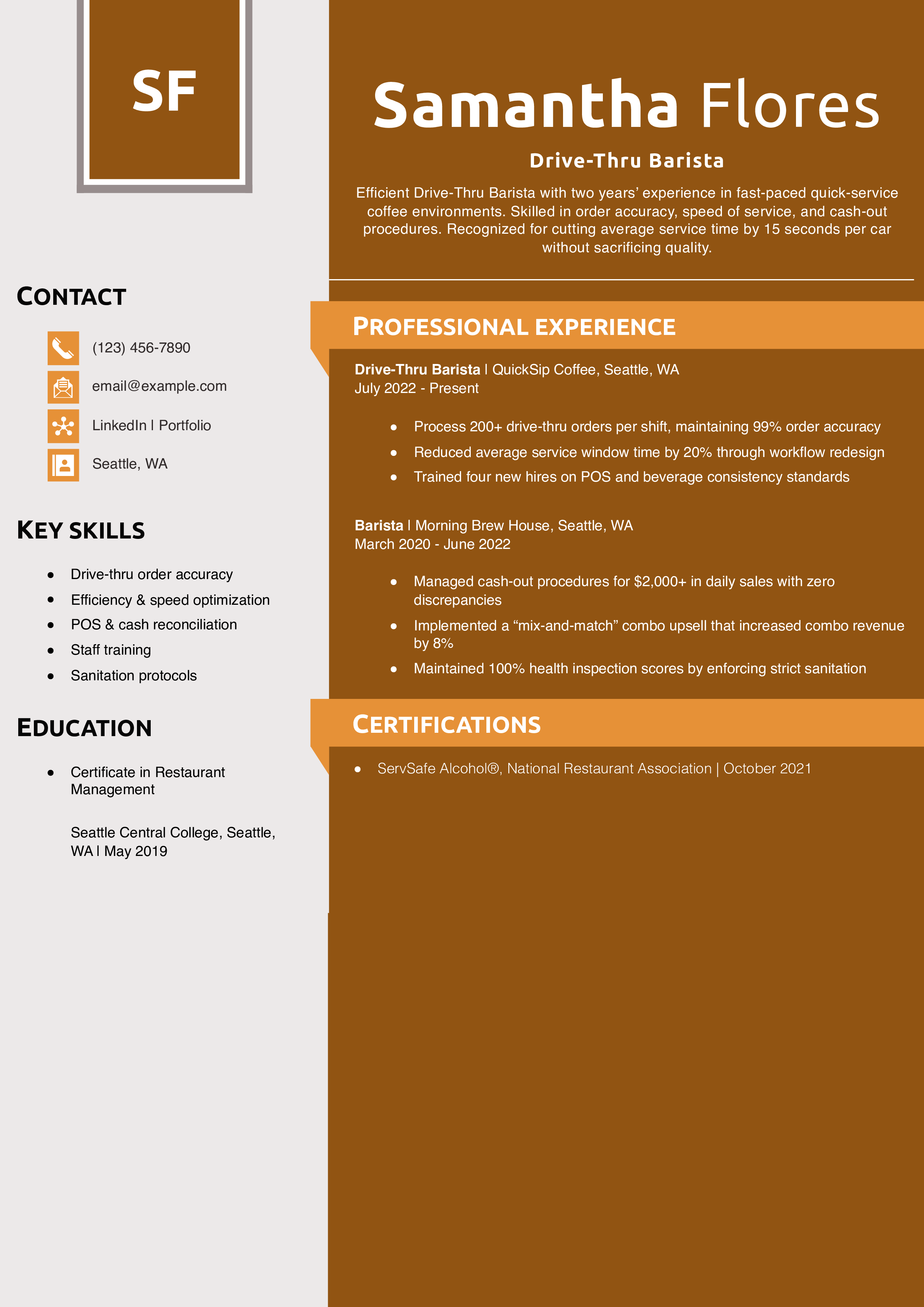 Drive-Thru Barista Resume Example