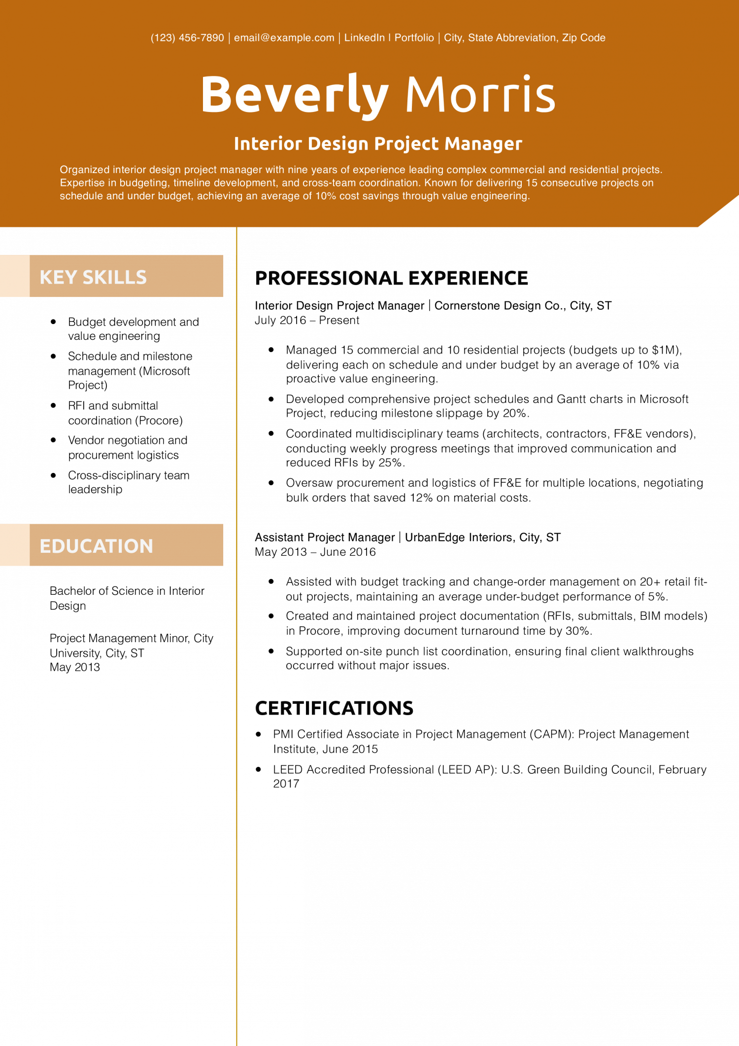 Interior Design Project Manager Resume Example