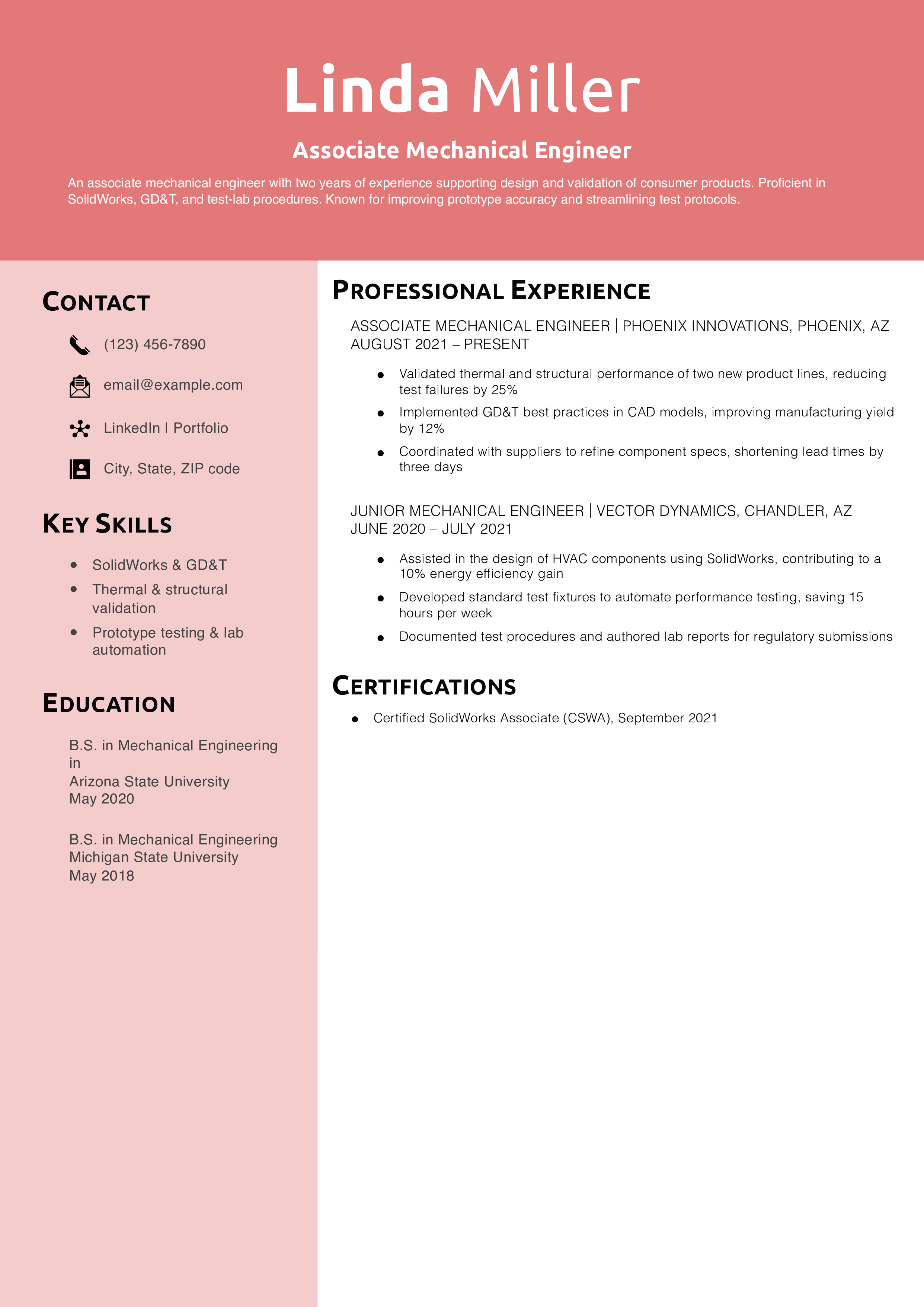 Associate Mechanical Engineer Resume Example