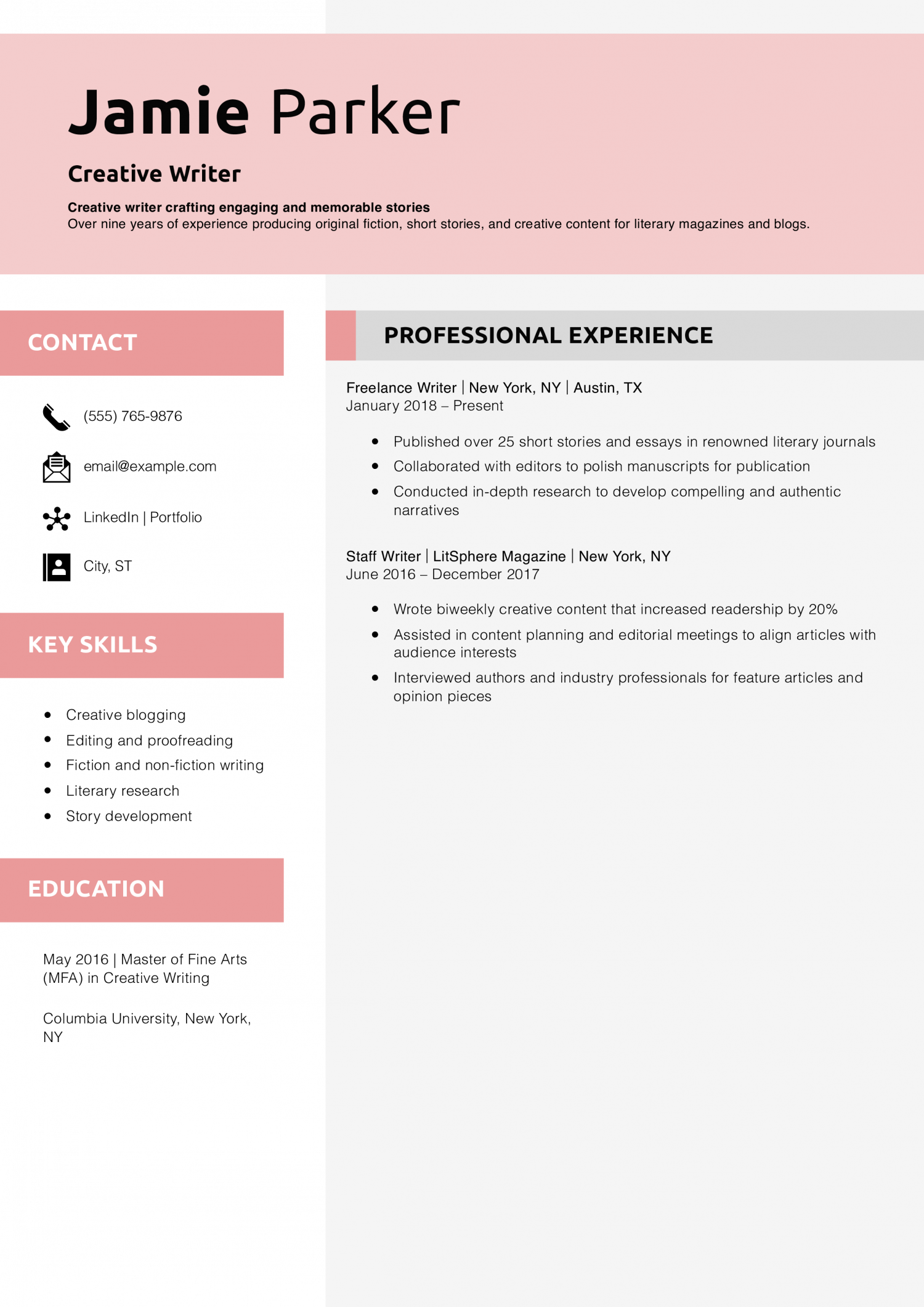 Creative Writer Resume