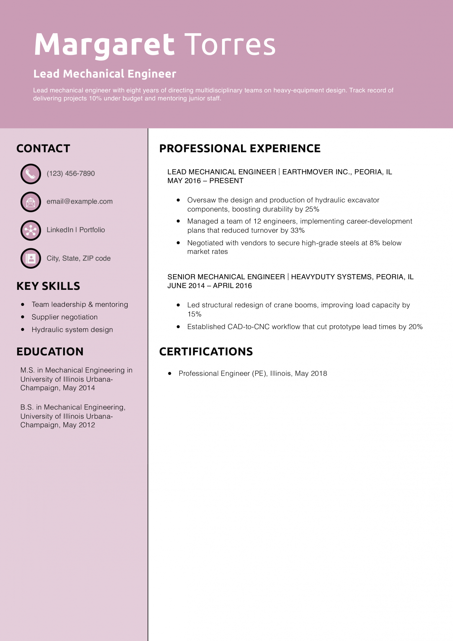 Lead Mechanical Engineer Resume Example