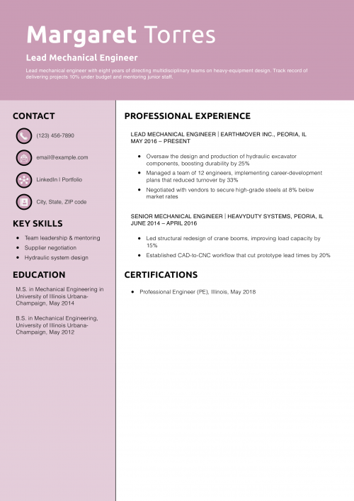 Lead Mechanical Engineer Resume Example