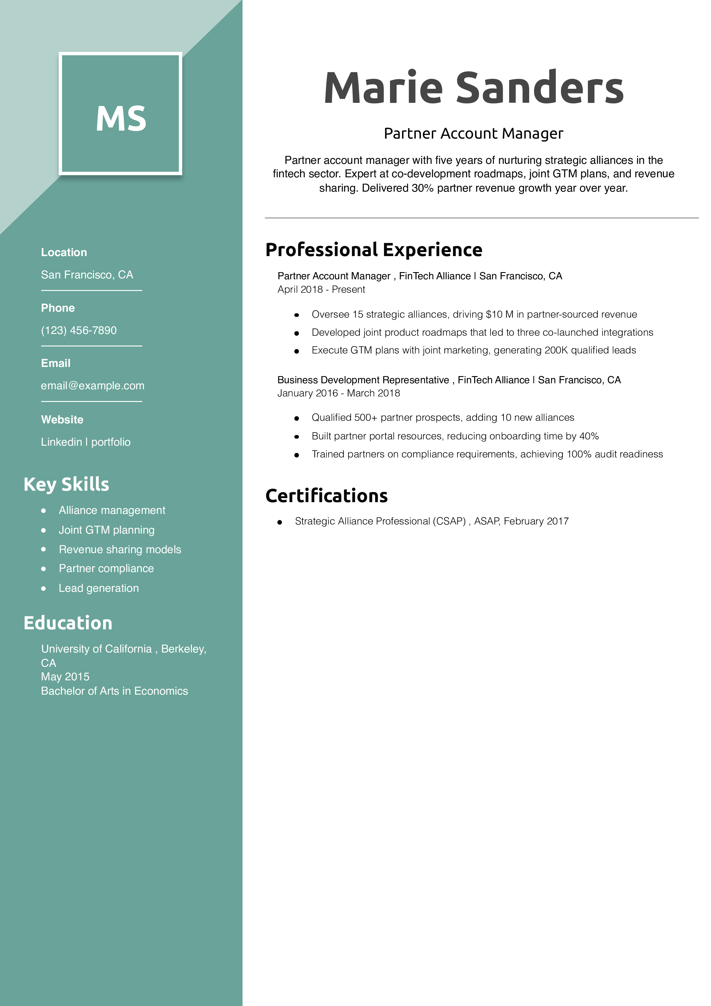 Partner Account Manager Resume Example