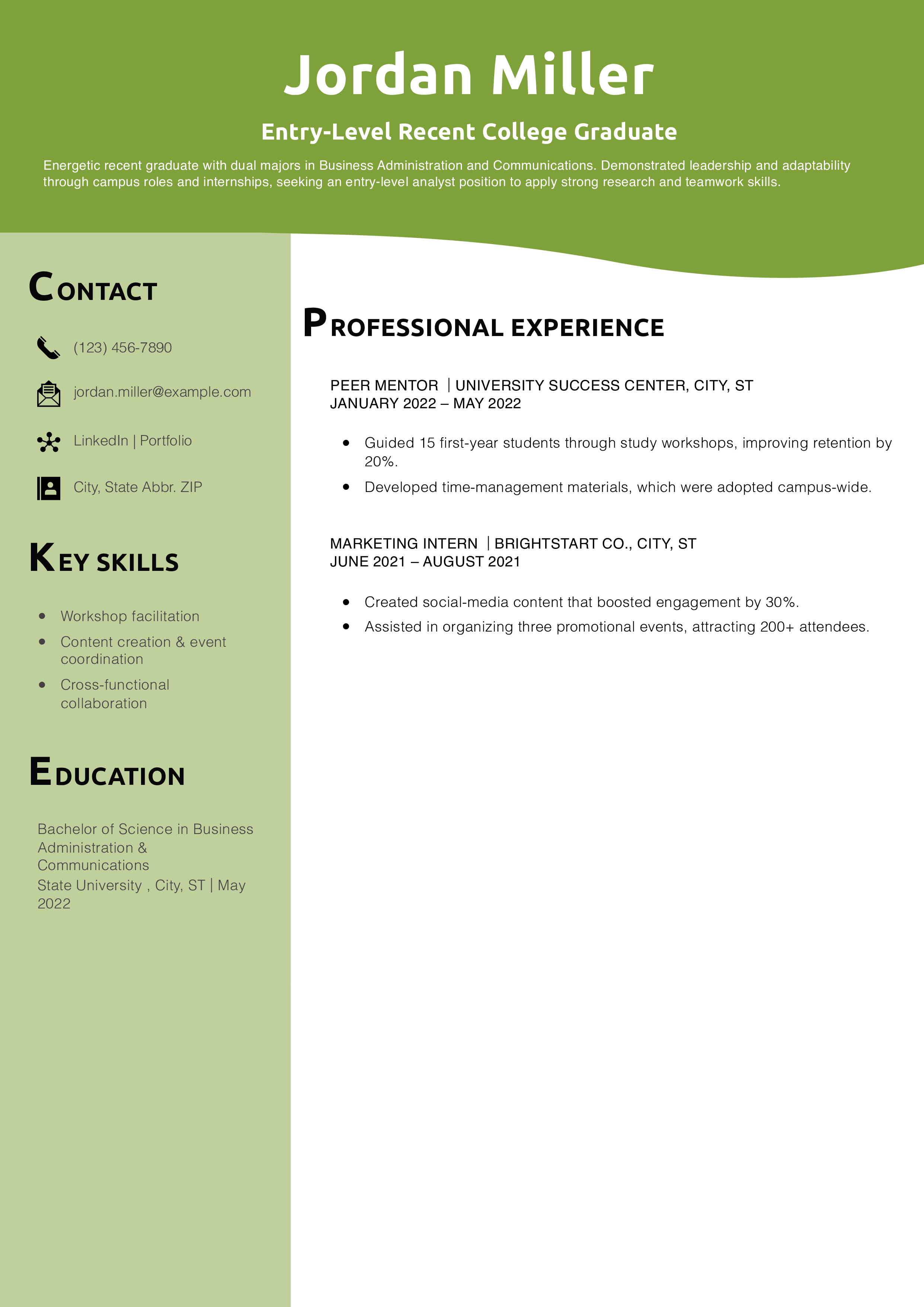 Entry-Level Recent College Graduate Resume Example 