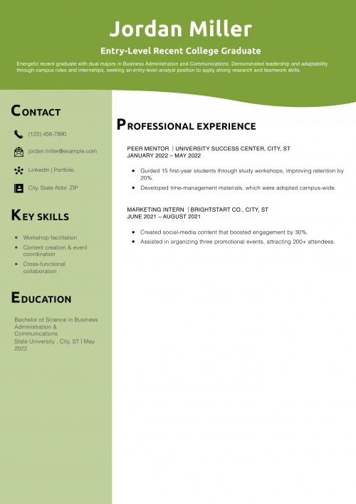 Entry-Level Recent College Graduate Resume Example 