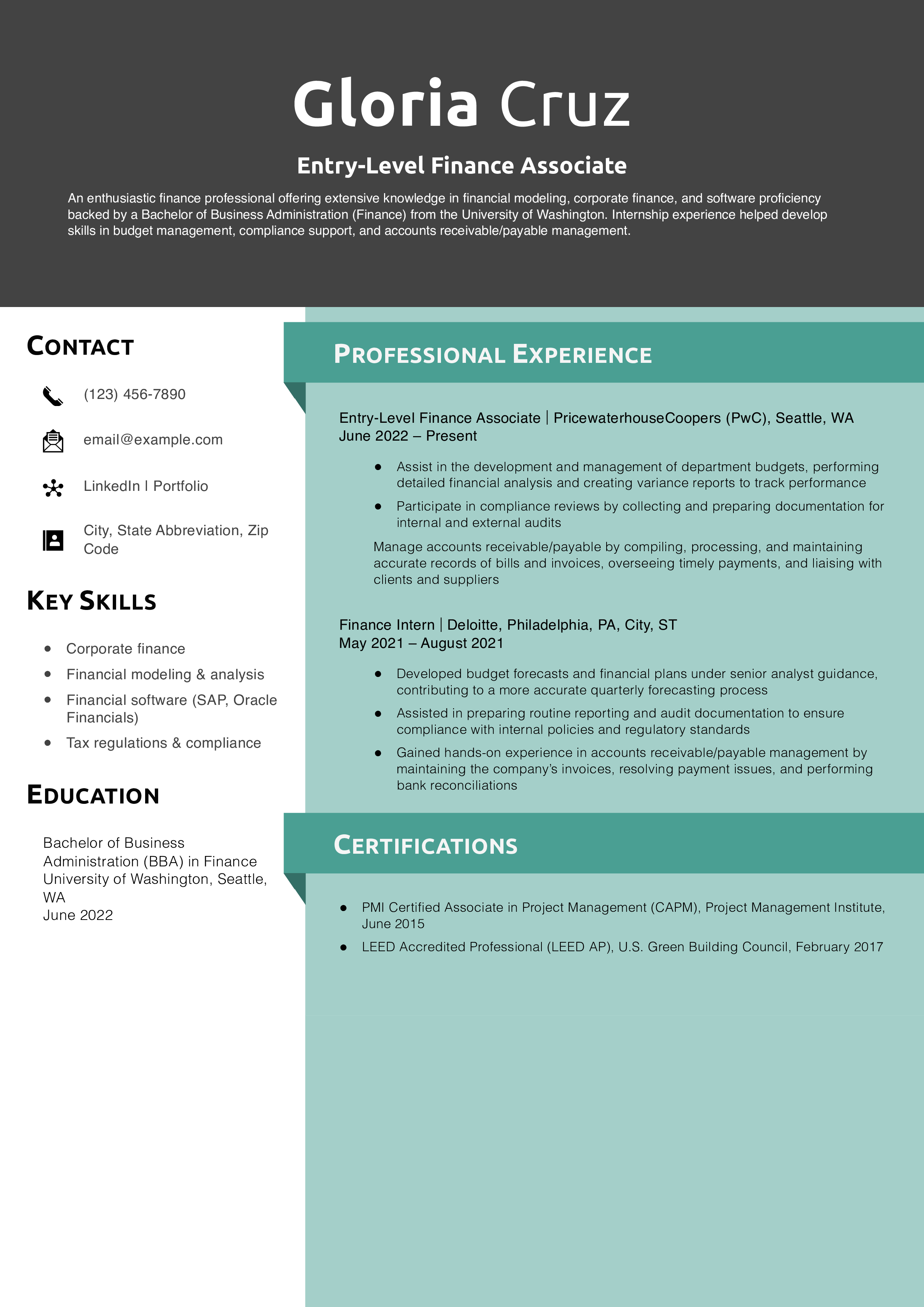 Entry-Level Finance Associate Resume Example