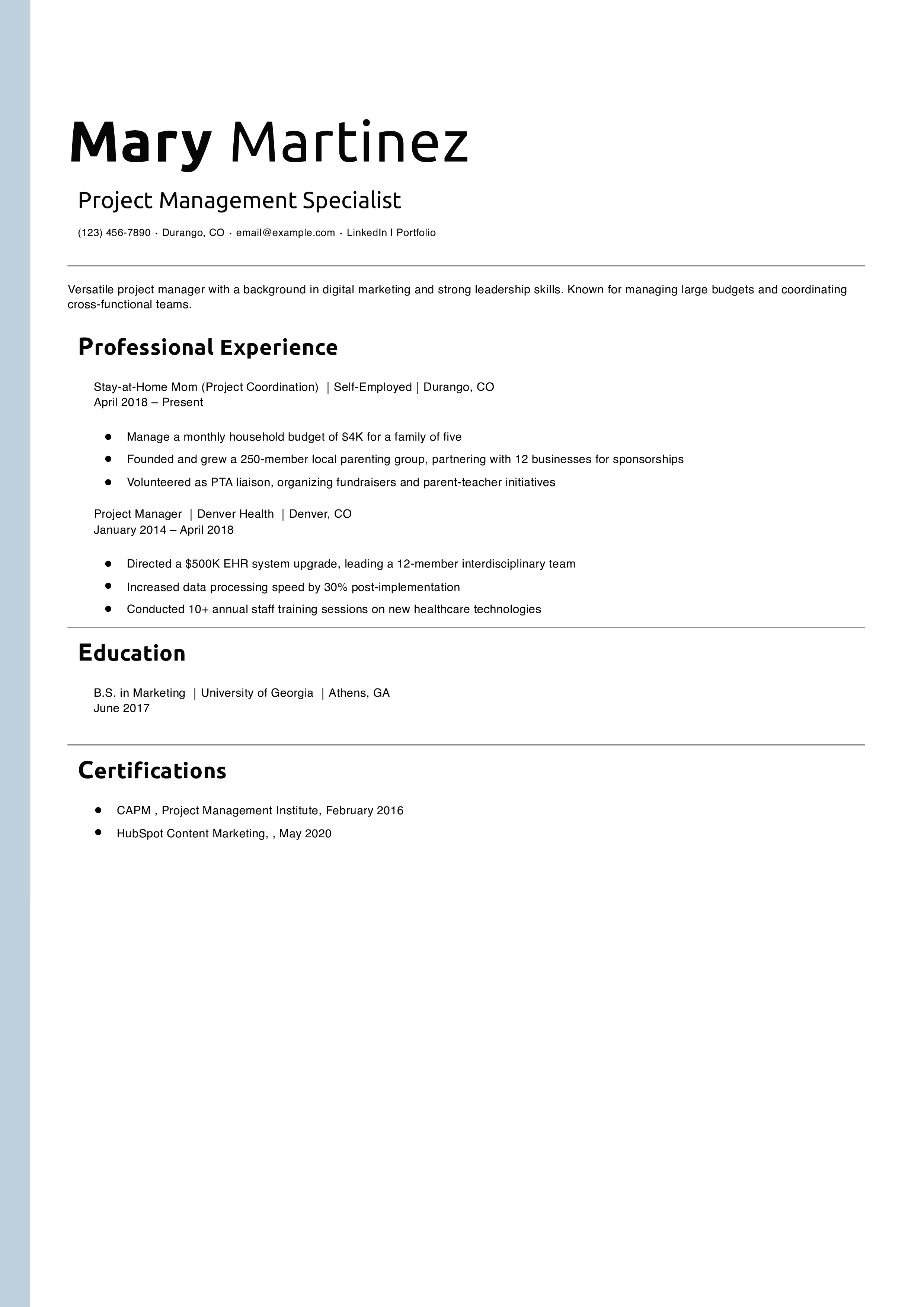  Project Management Specialist Resume Example
